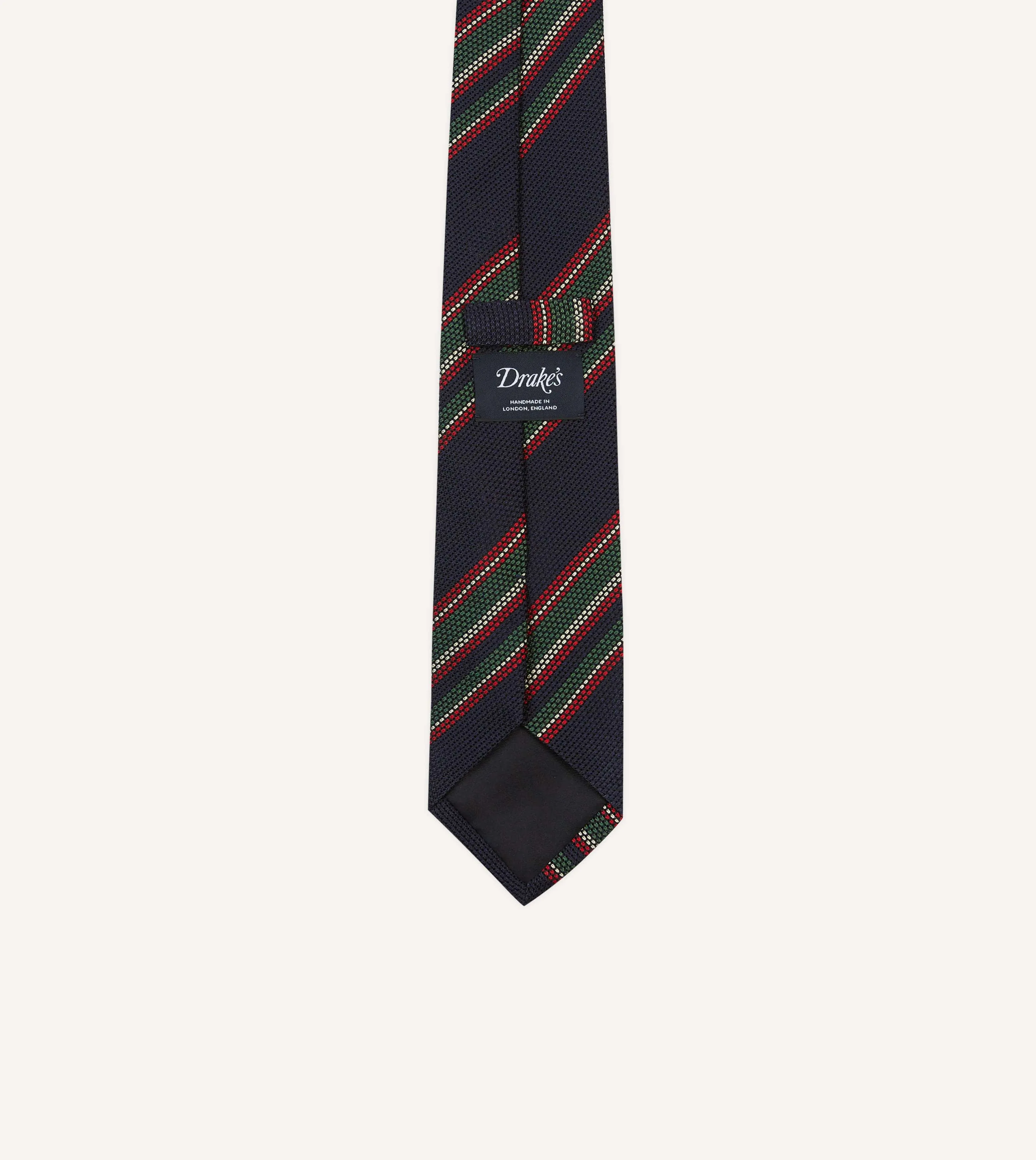 Navy, Green and Red Stripe Hand Rolled Silk Grenadine Tie sold by Drake's London product image thumbnail 4