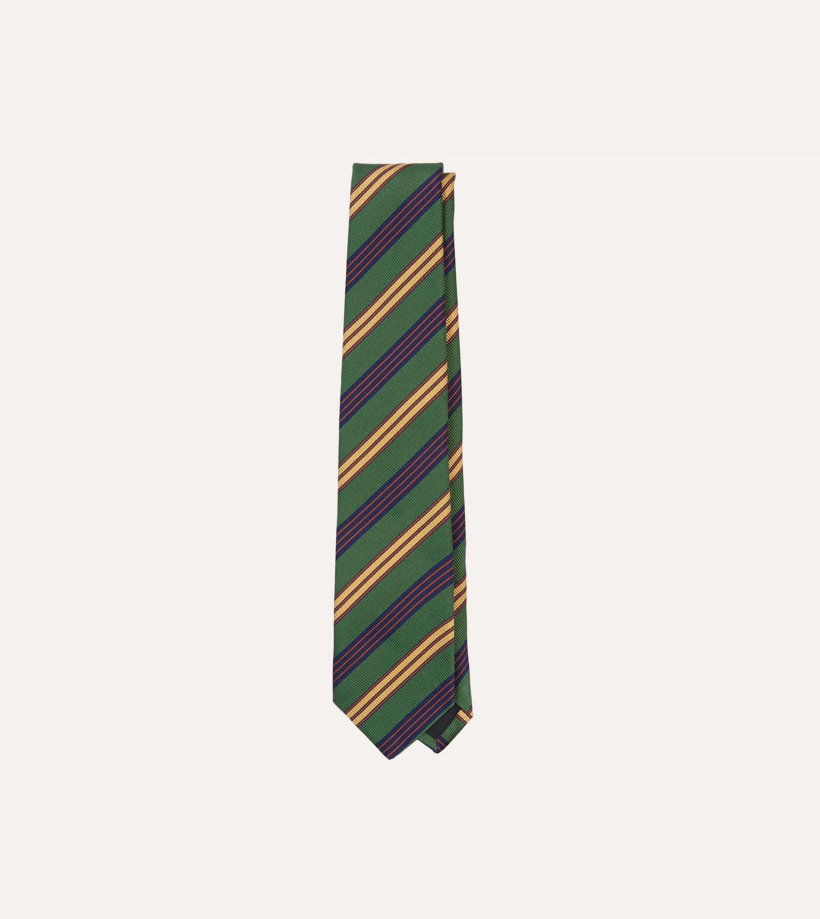Green and Red Triple Stripe Repp Silk Tipped Tie sold by Drake's London