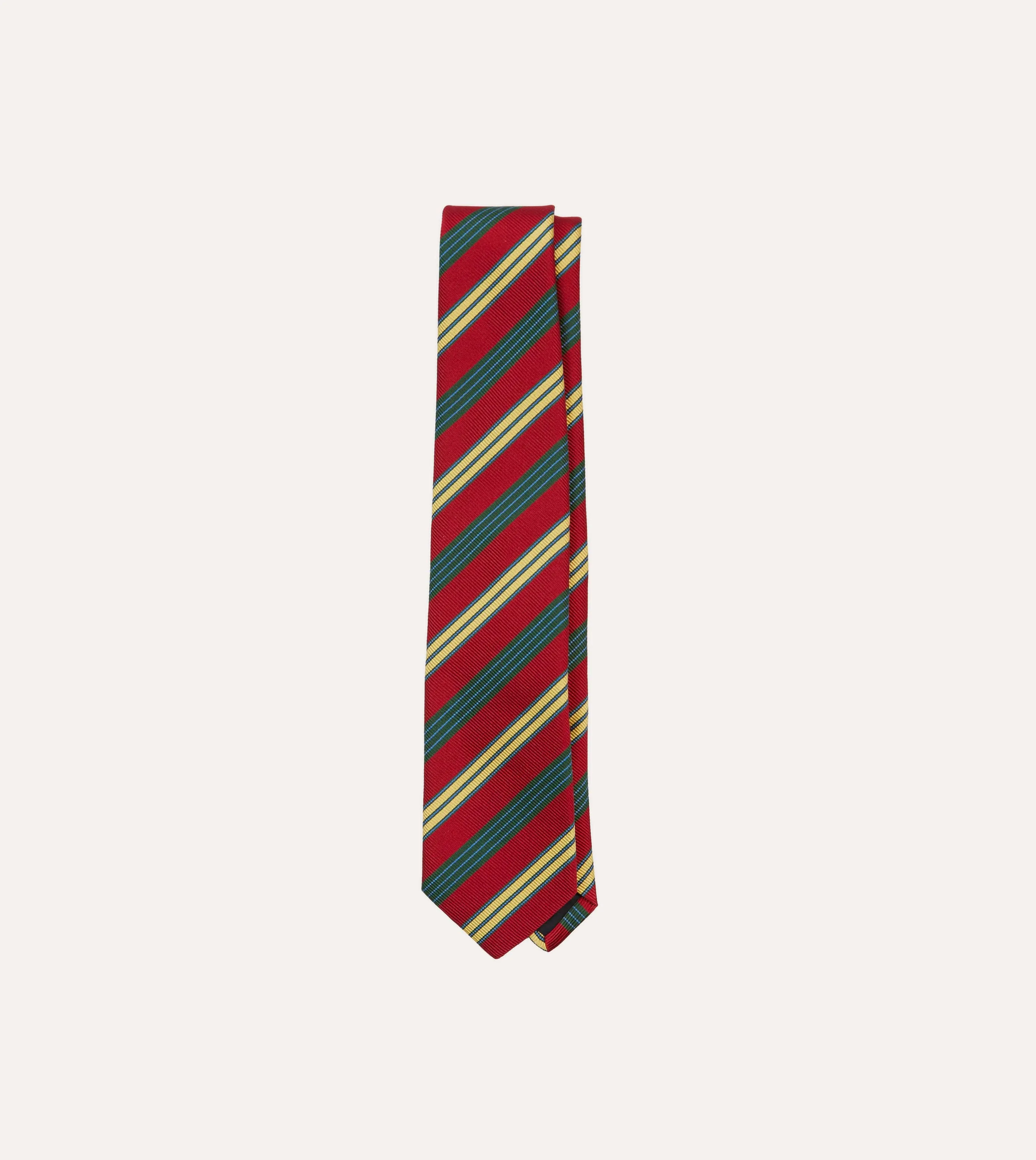 Red and Yellow Triple Stripe Repp Silk Tipped Tie sold by Drake's London