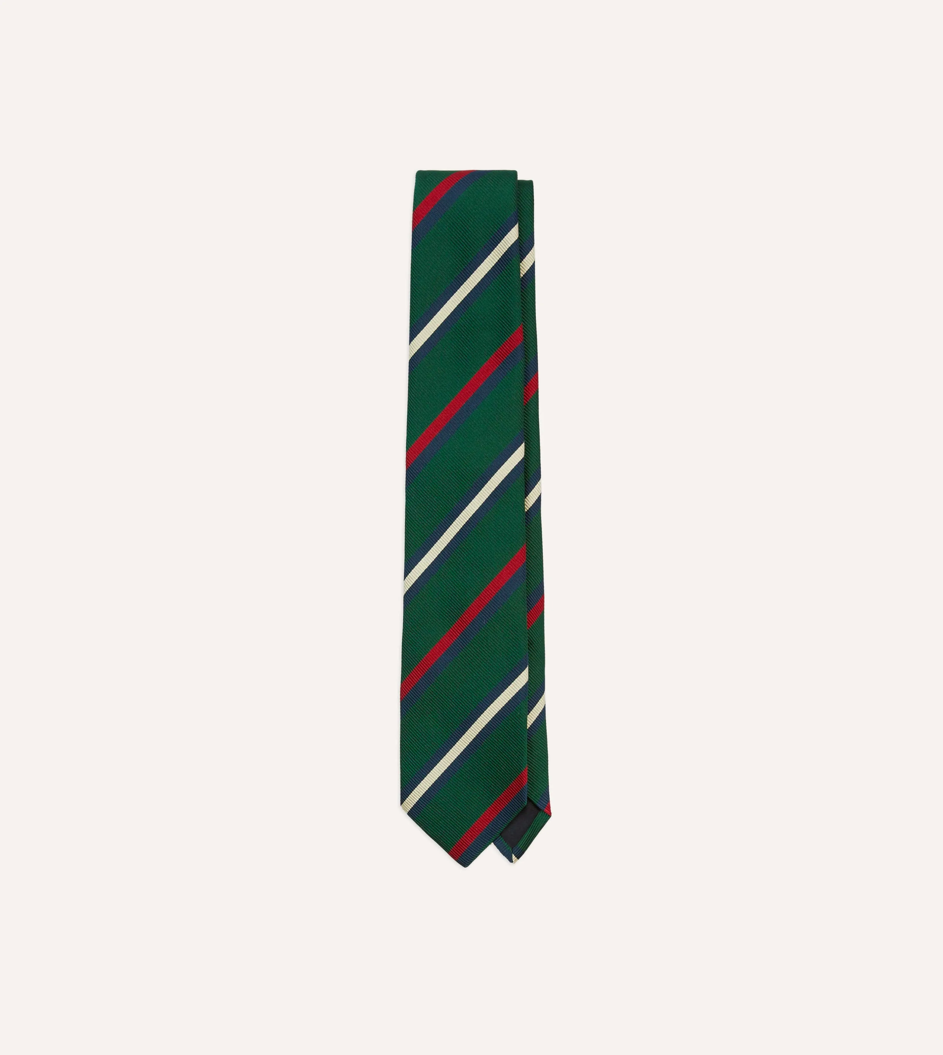 Green, Red and White Stripe Repp Silk Tipped Tie sold by Drake's London