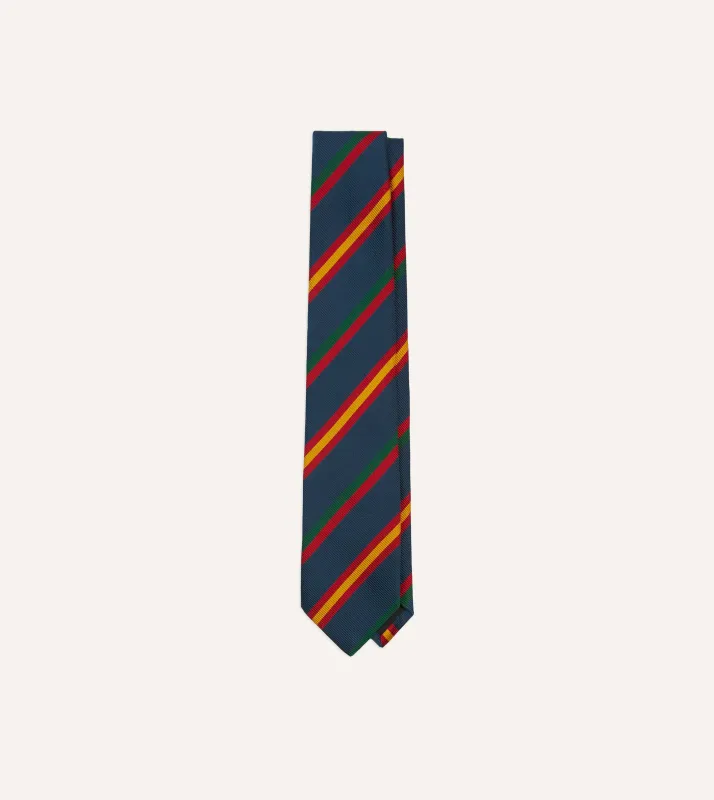 Navy, Red and Yellow Stripe Repp Silk Tipped Tie sold by Drake's London
