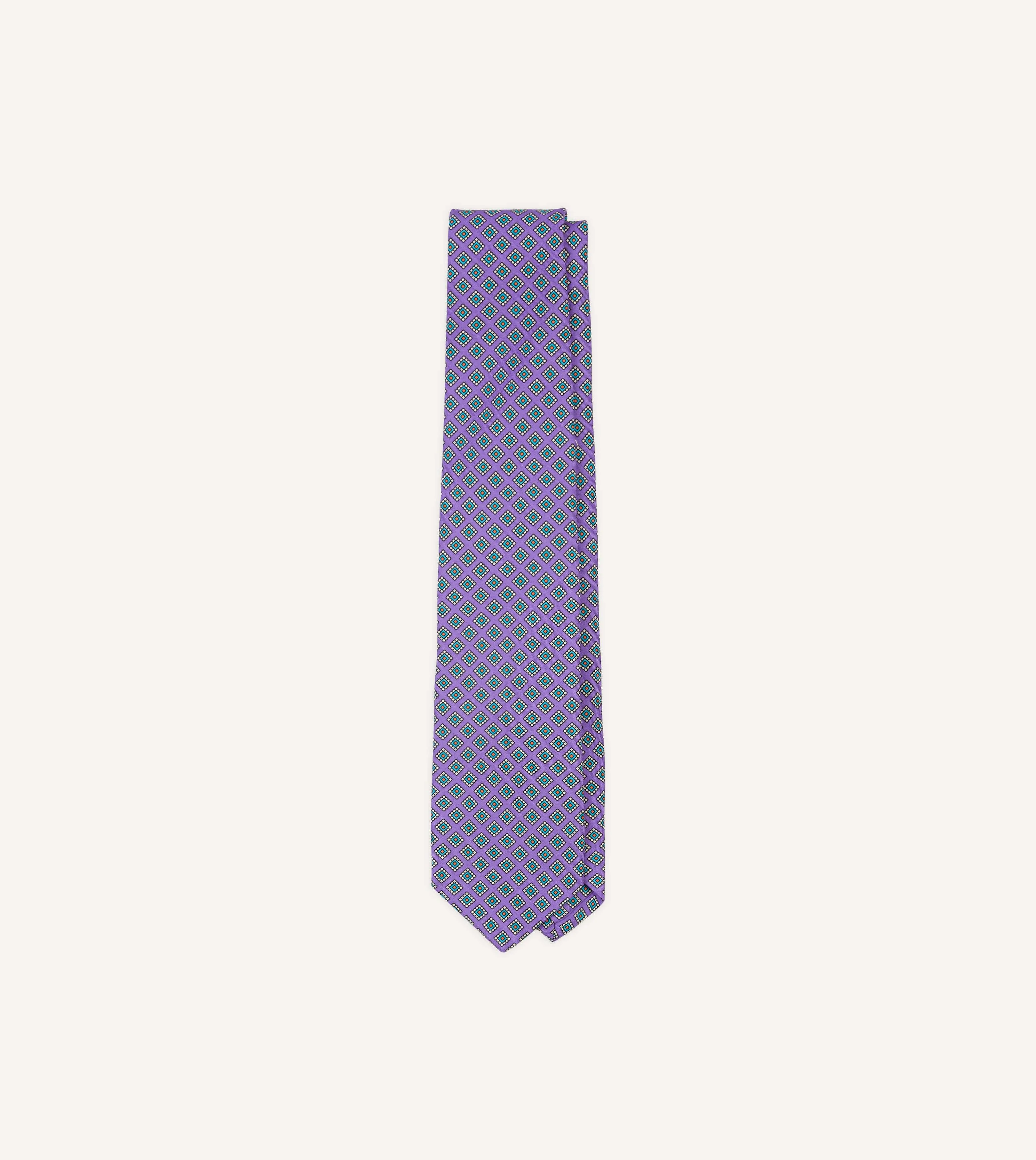 Purple Square Medallion Self-Tipped Silk Tie sold by Drake's London