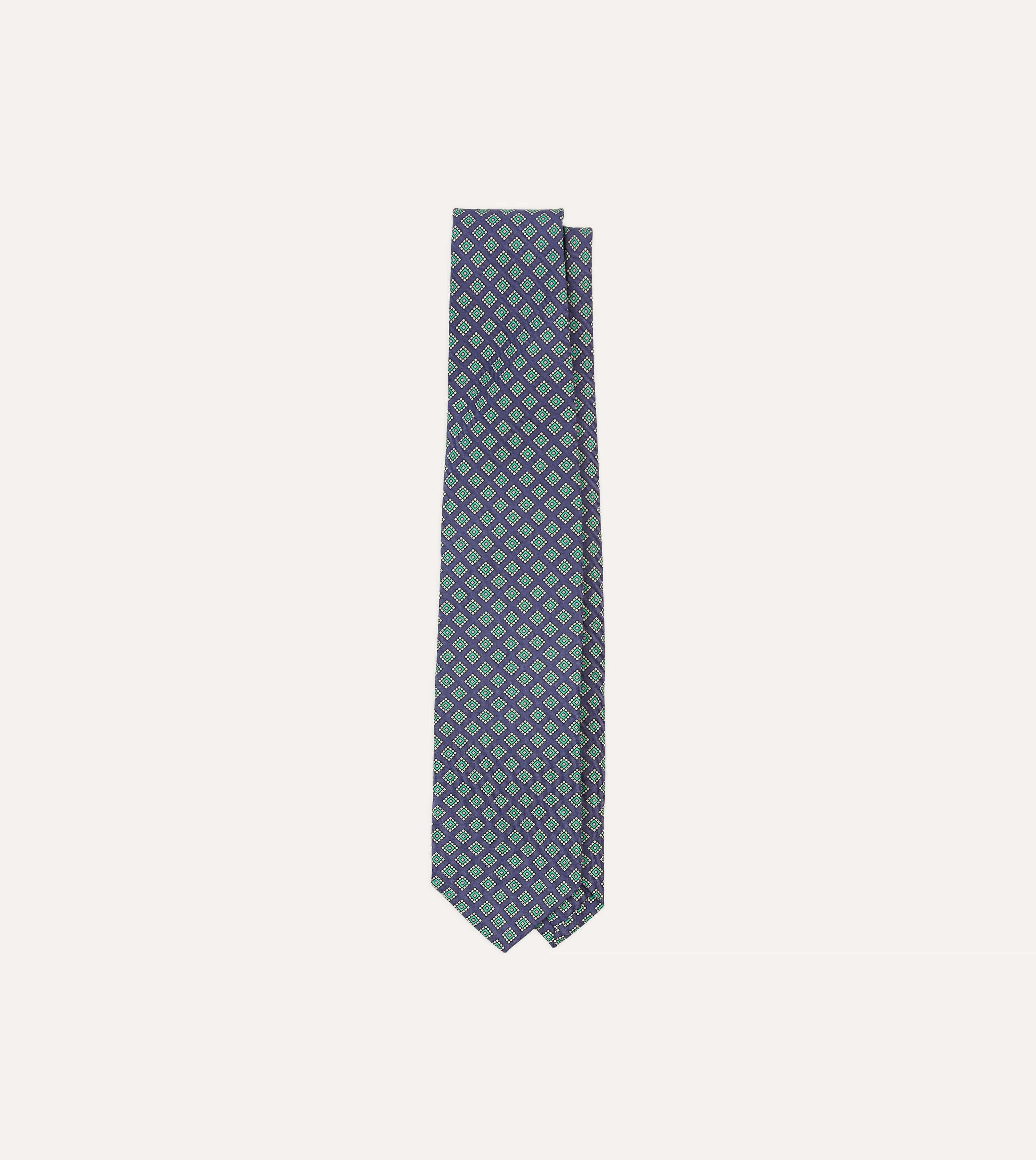 Navy Square Medallion Self-Tipped Silk Tie sold by Drake's London