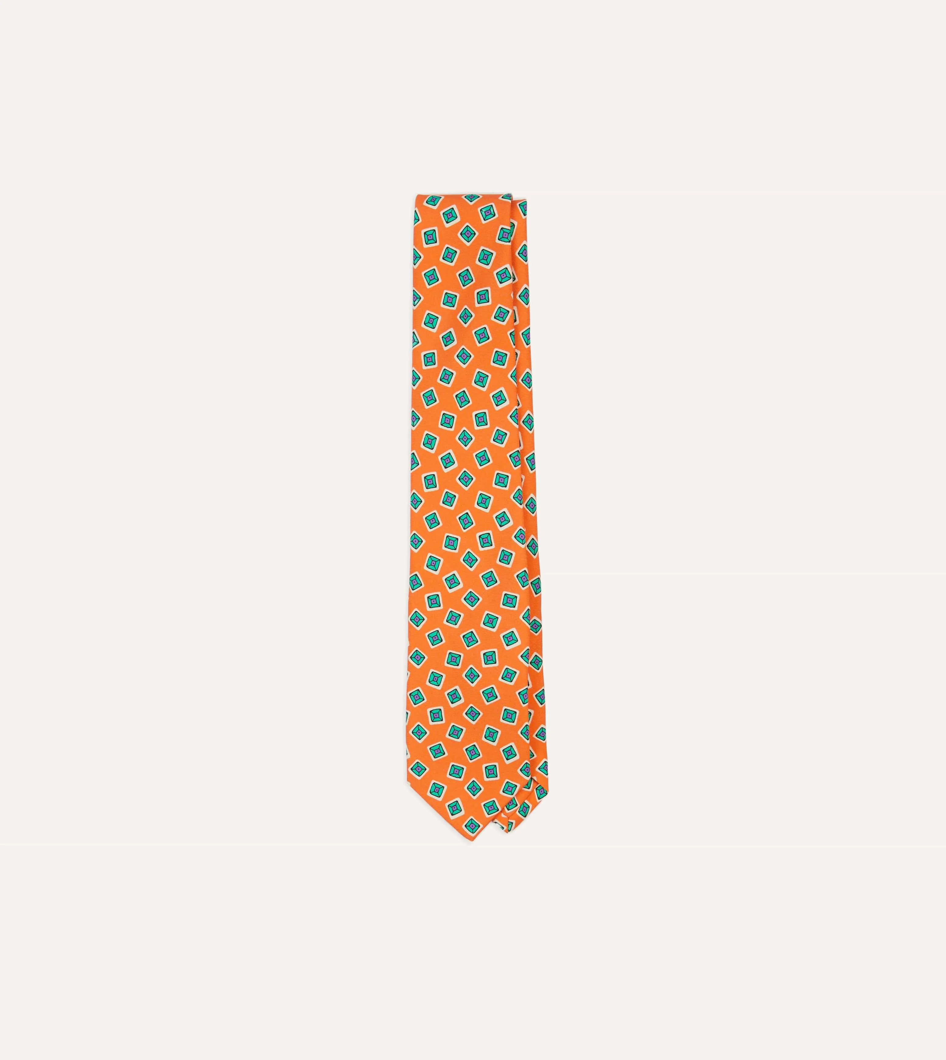 Rust Jumbled Tile Print Silk Self Tipped Tie sold by Drake's London