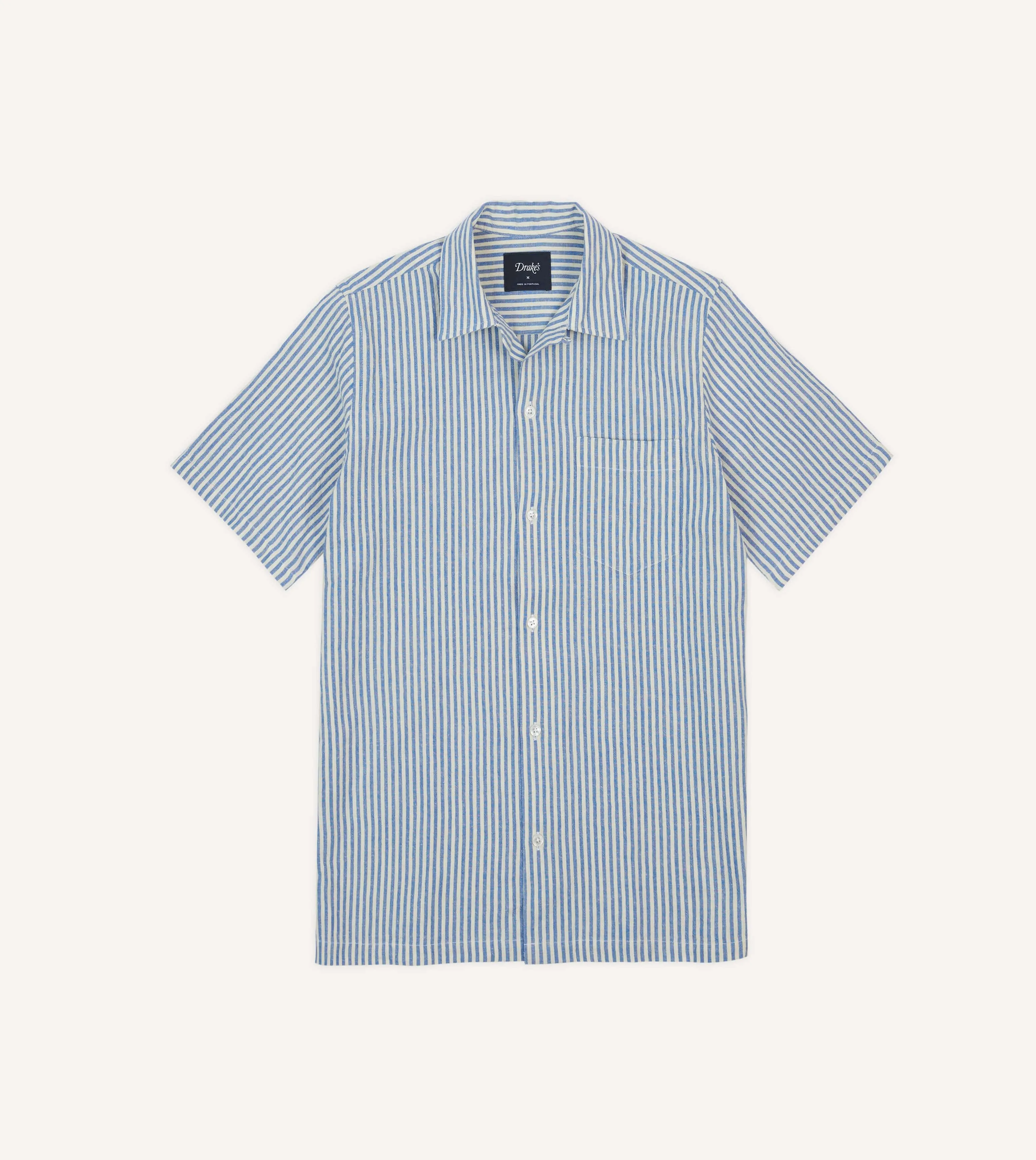 Blue and White Stripe Cotton-Linen Camp Collar Short Sleeve Shirt sold by Drake's London