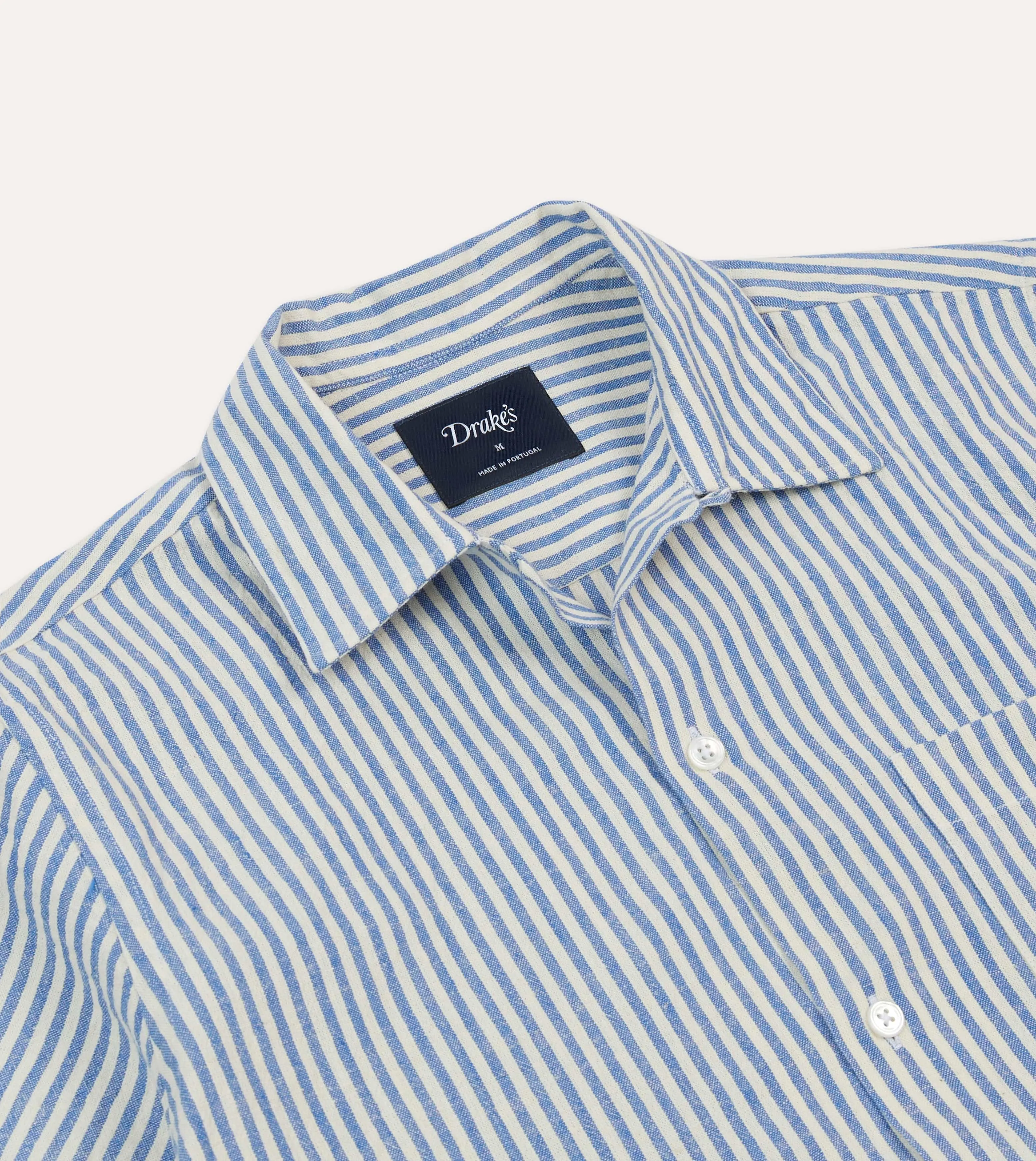 Blue and White Stripe Cotton-Linen Camp Collar Short Sleeve Shirt sold by Drake's London product image thumbnail 3