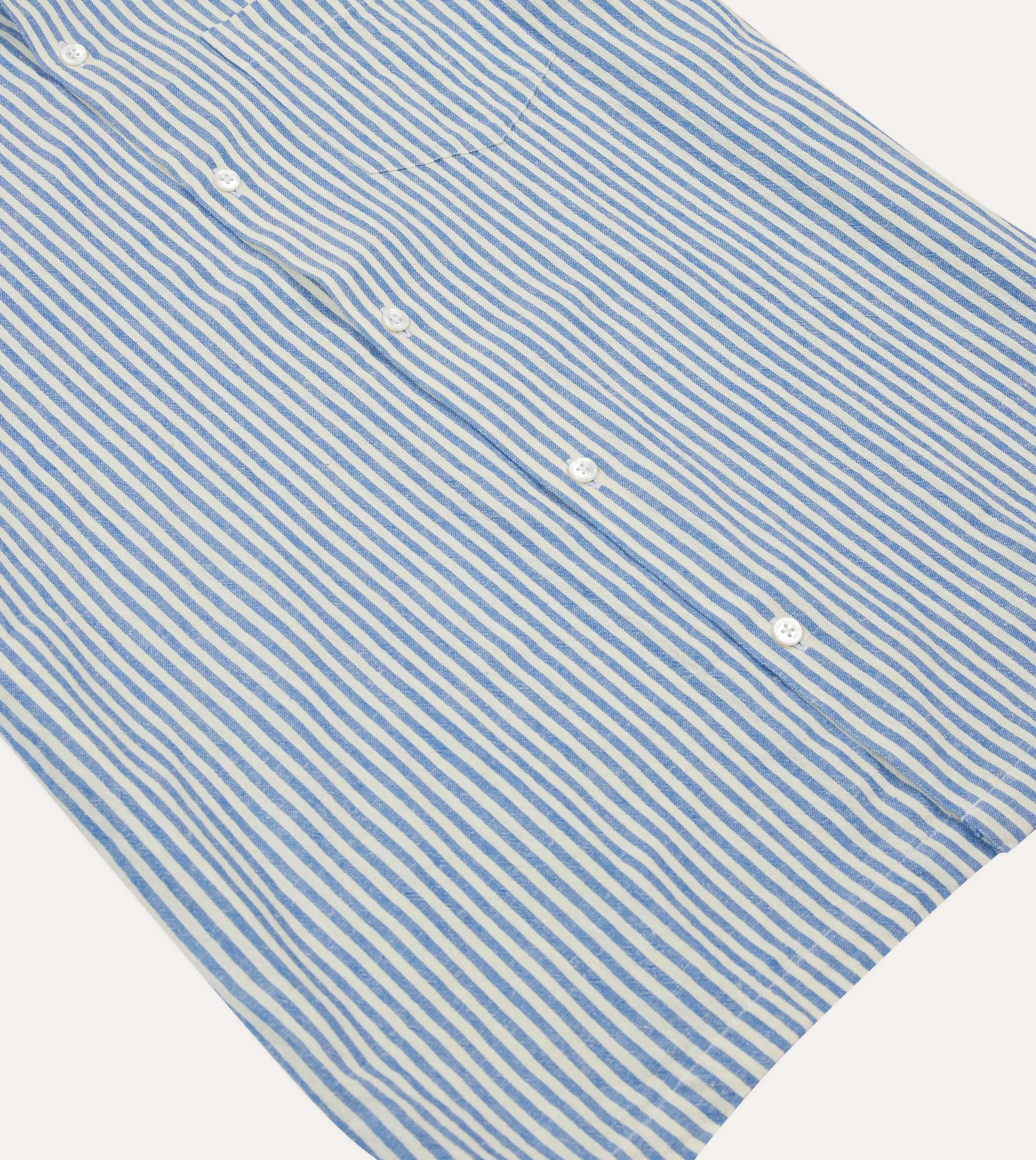 Blue and White Stripe Cotton-Linen Camp Collar Short Sleeve Shirt sold by Drake's London product image thumbnail 5