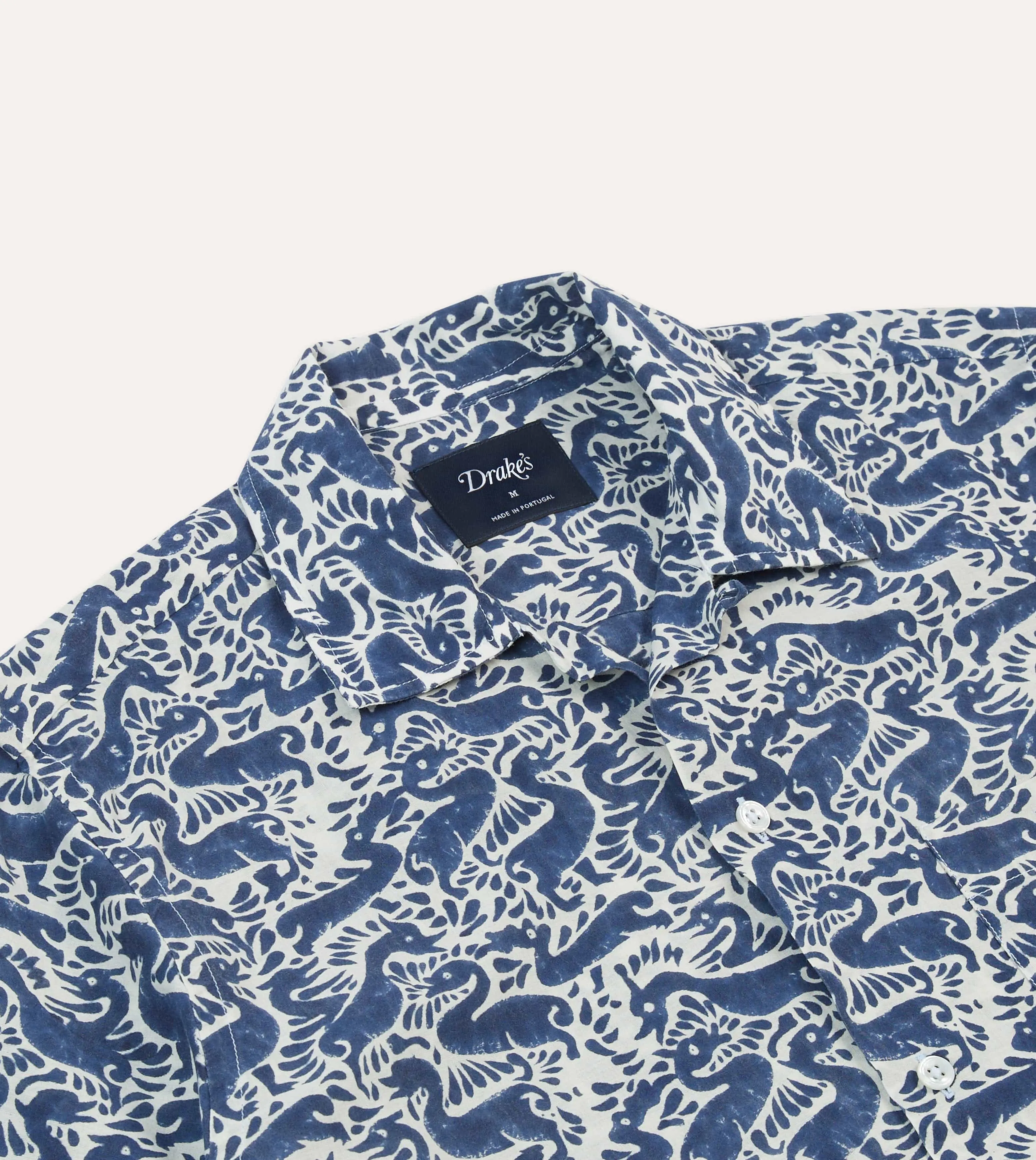 Navy Duck Block Print Cotton Camp Collar Short Sleeve Shirt sold by Drake's London product image thumbnail 3