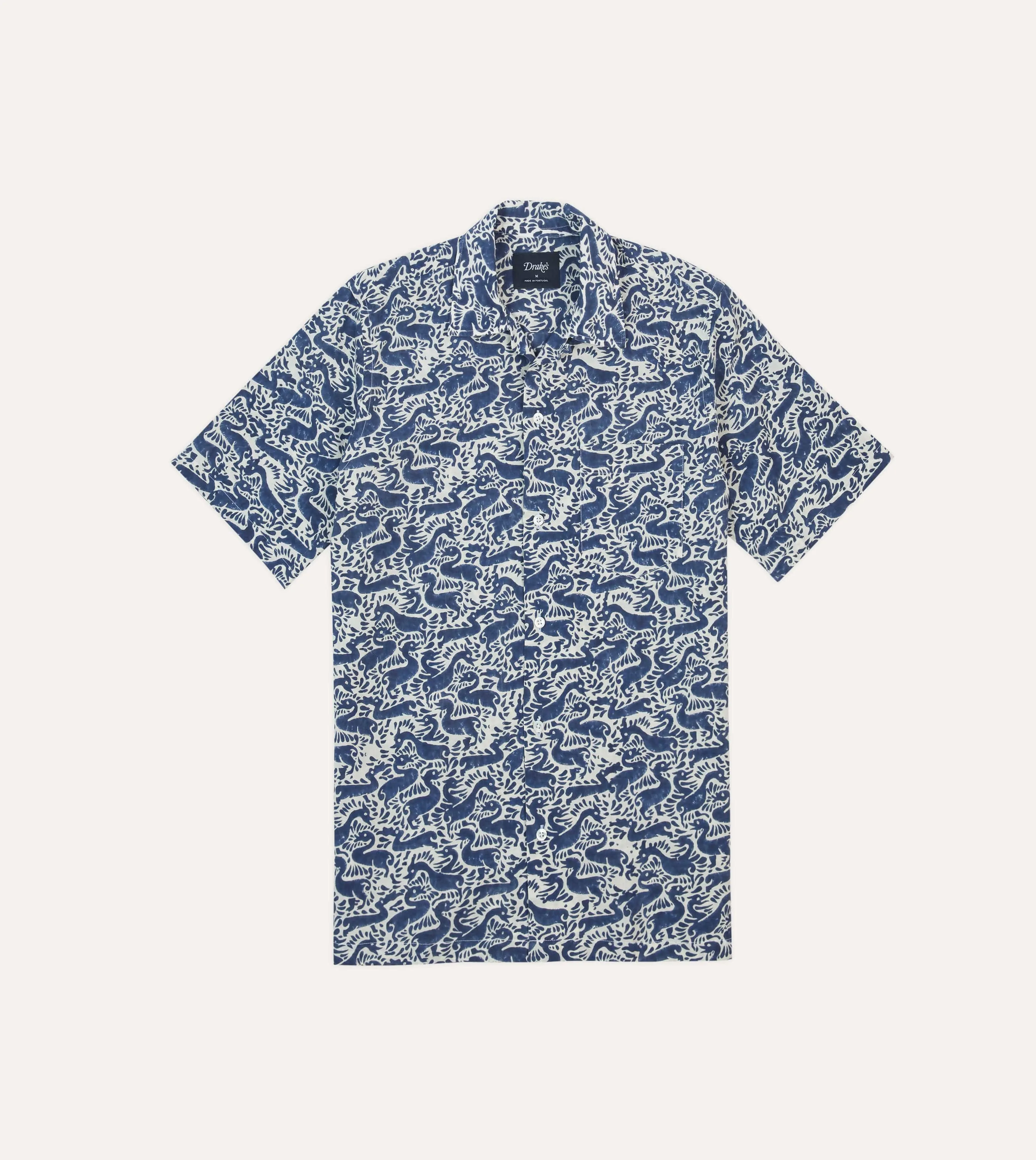 Navy Duck Block Print Cotton Camp Collar Short Sleeve Shirt sold by Drake's London