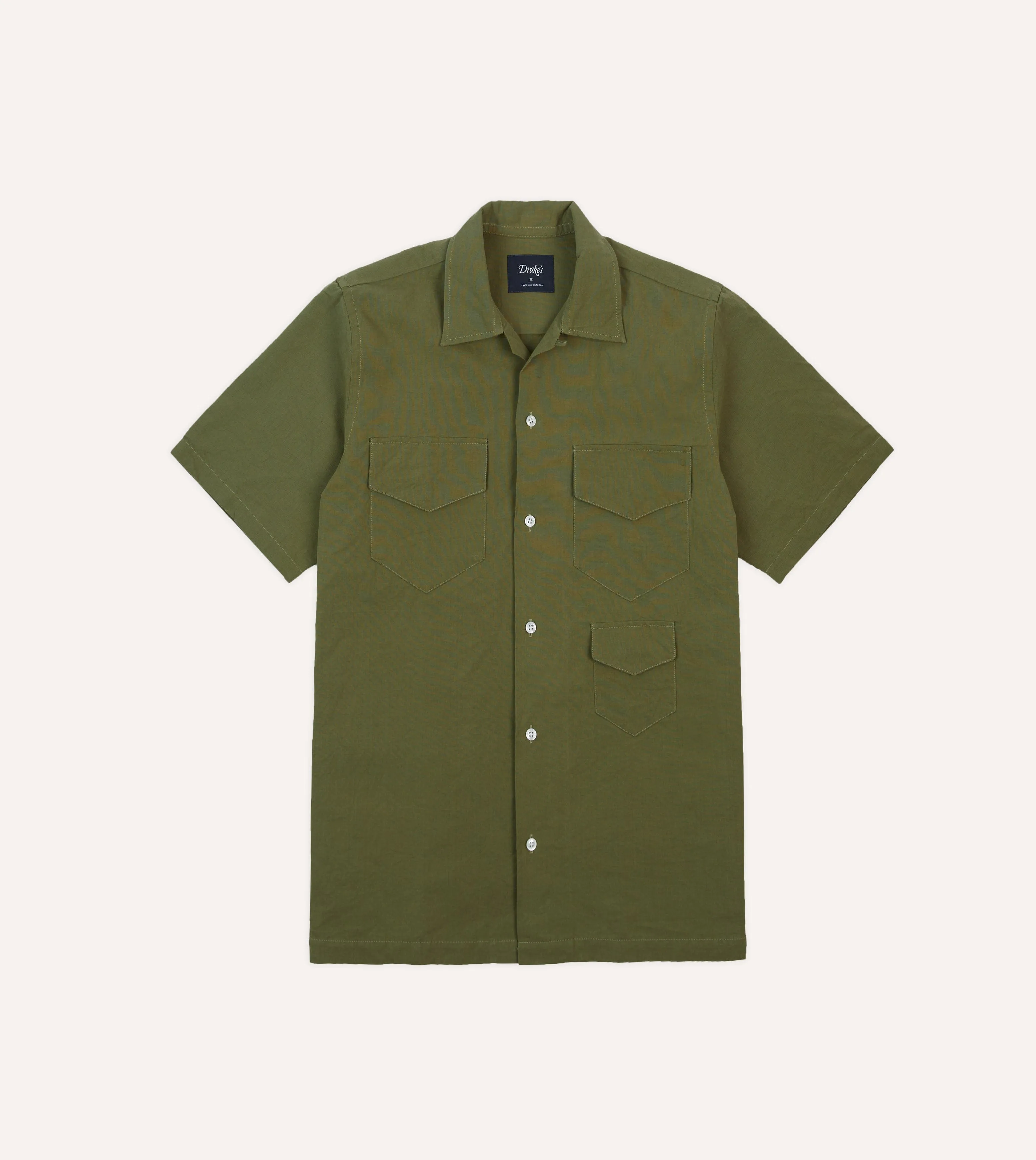 Olive Cotton-Linen Camp Collar Three Pocket Short Sleeve Shirt sold by Drake's London