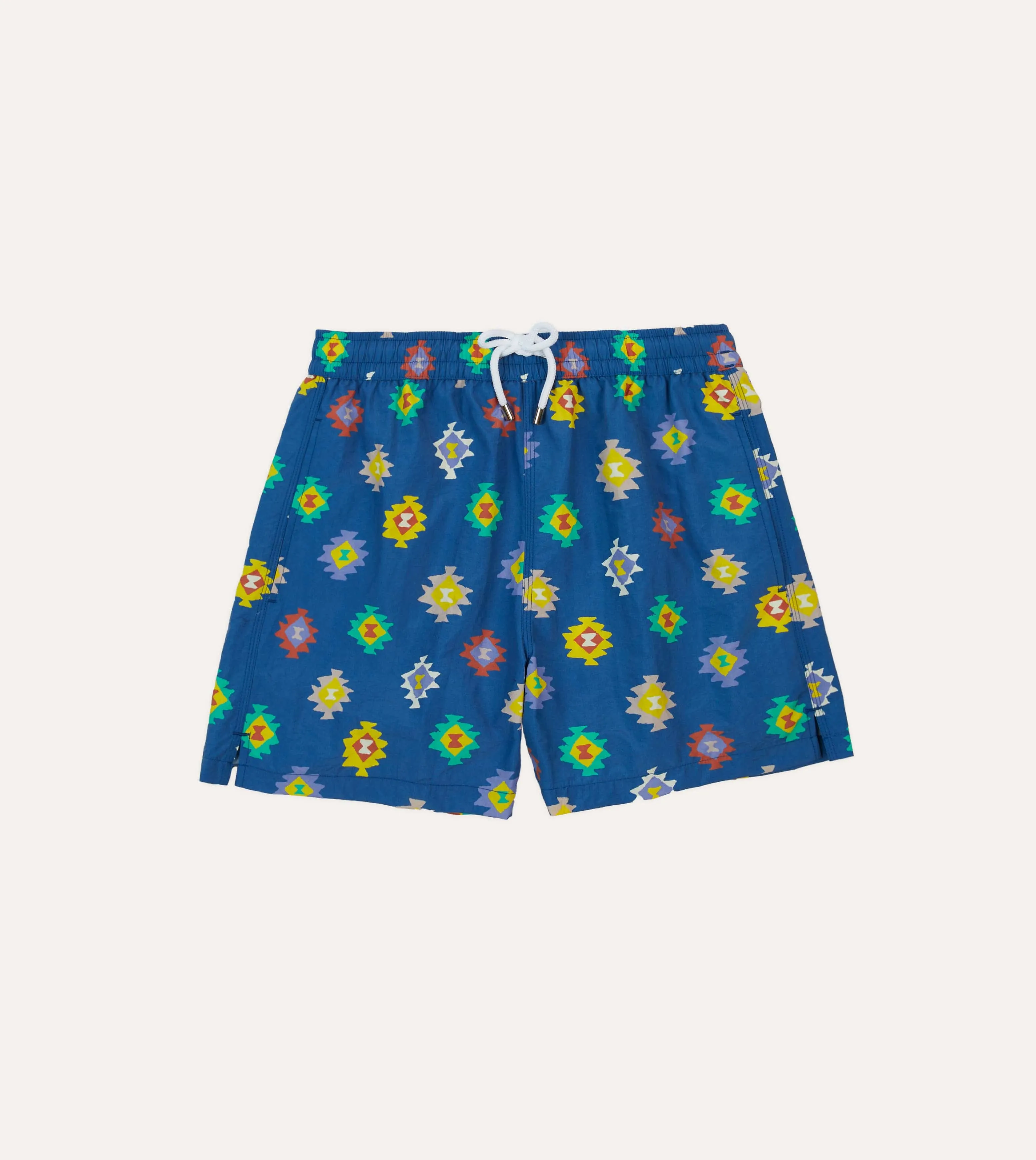 Blue Kilim Print Nylon Drawstring Swim Shorts sold by Drake's London