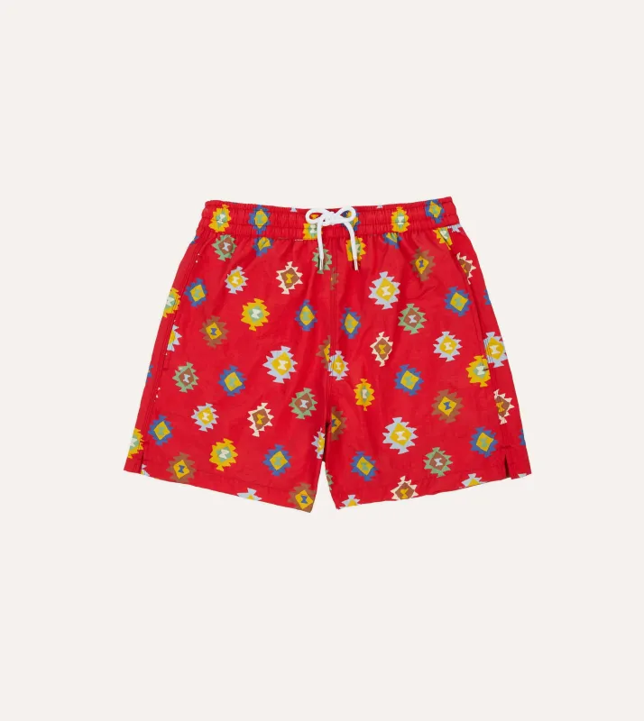 Red Kilim Print Nylon Drawstring Swim Shorts made by Drake's London