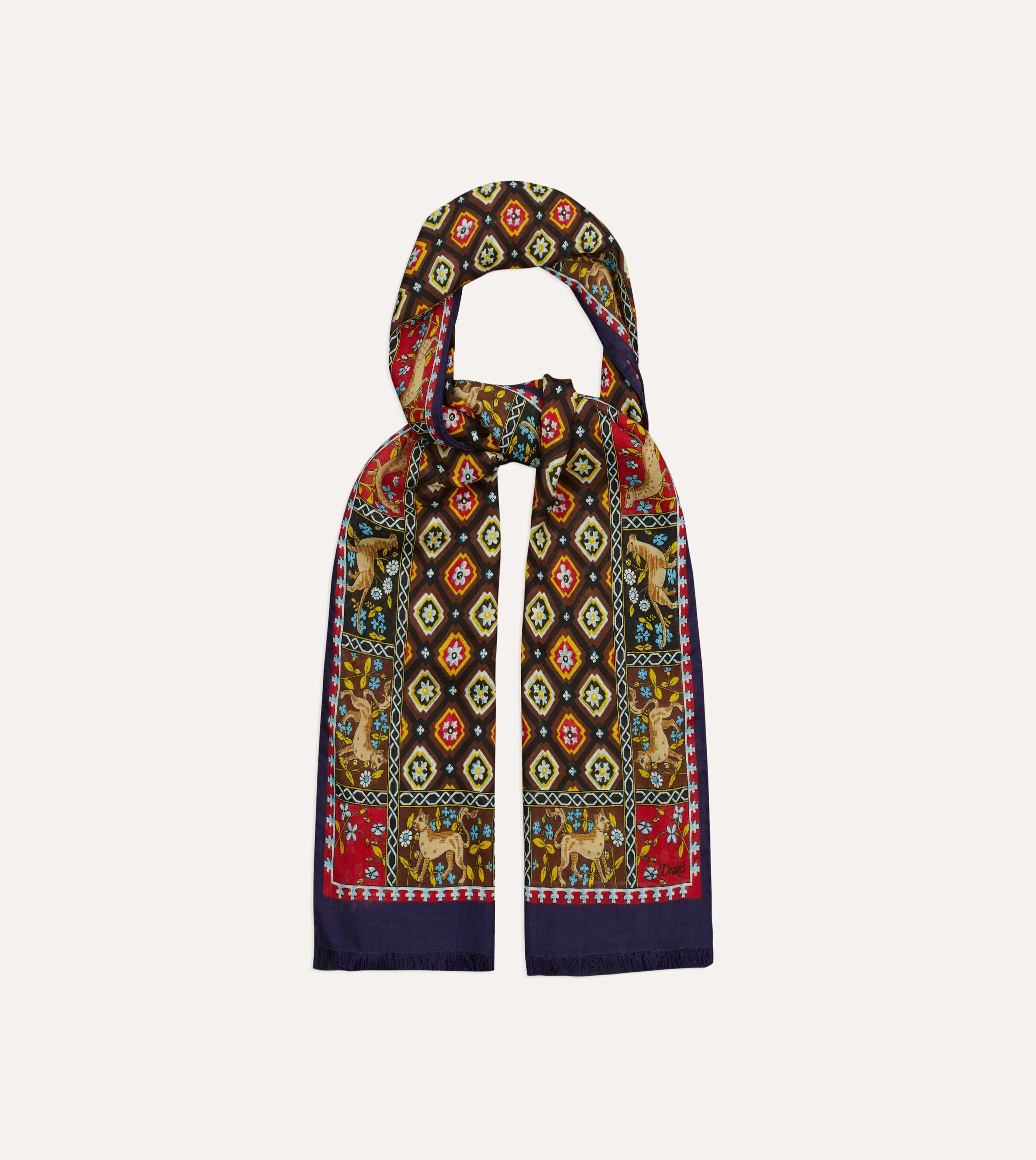 Navy and Brown Animal Border Medallion Print Wool-Silk Scarf sold by Drake's London product image thumbnail 4