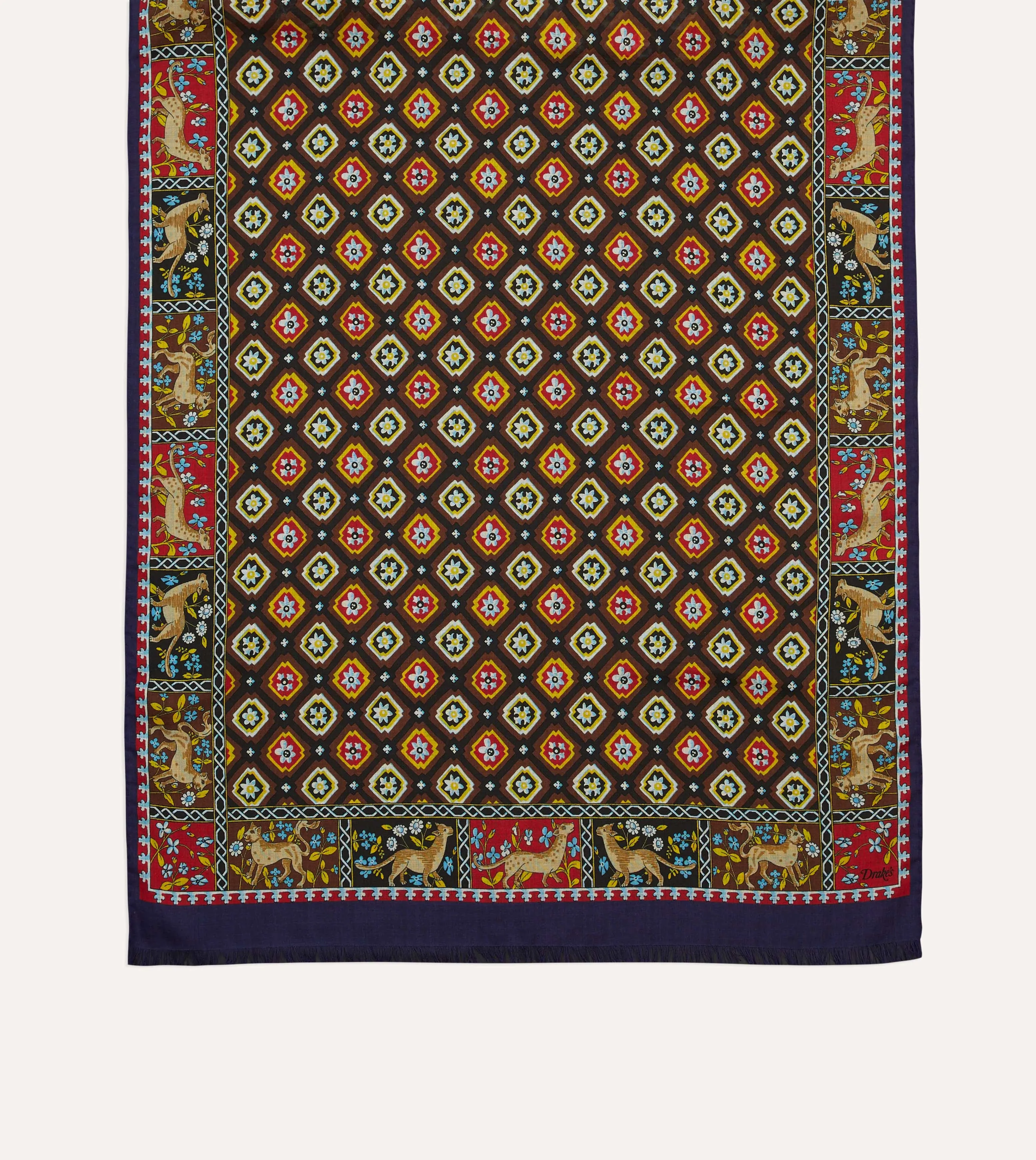 Navy and Brown Animal Border Medallion Print Wool-Silk Scarf sold by Drake's London product image thumbnail 3
