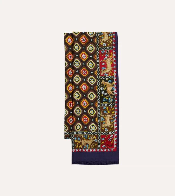 Navy and Brown Animal Border Medallion Print Wool-Silk Scarf sold by Drake's London