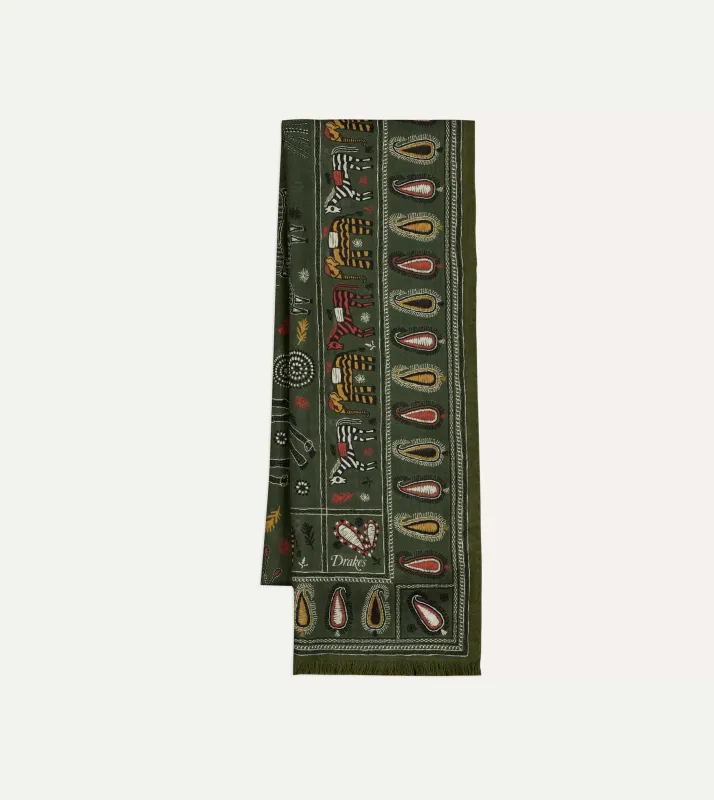 Green Rustic Elephant Print Wool-Silk Scarf sold by Drake's London