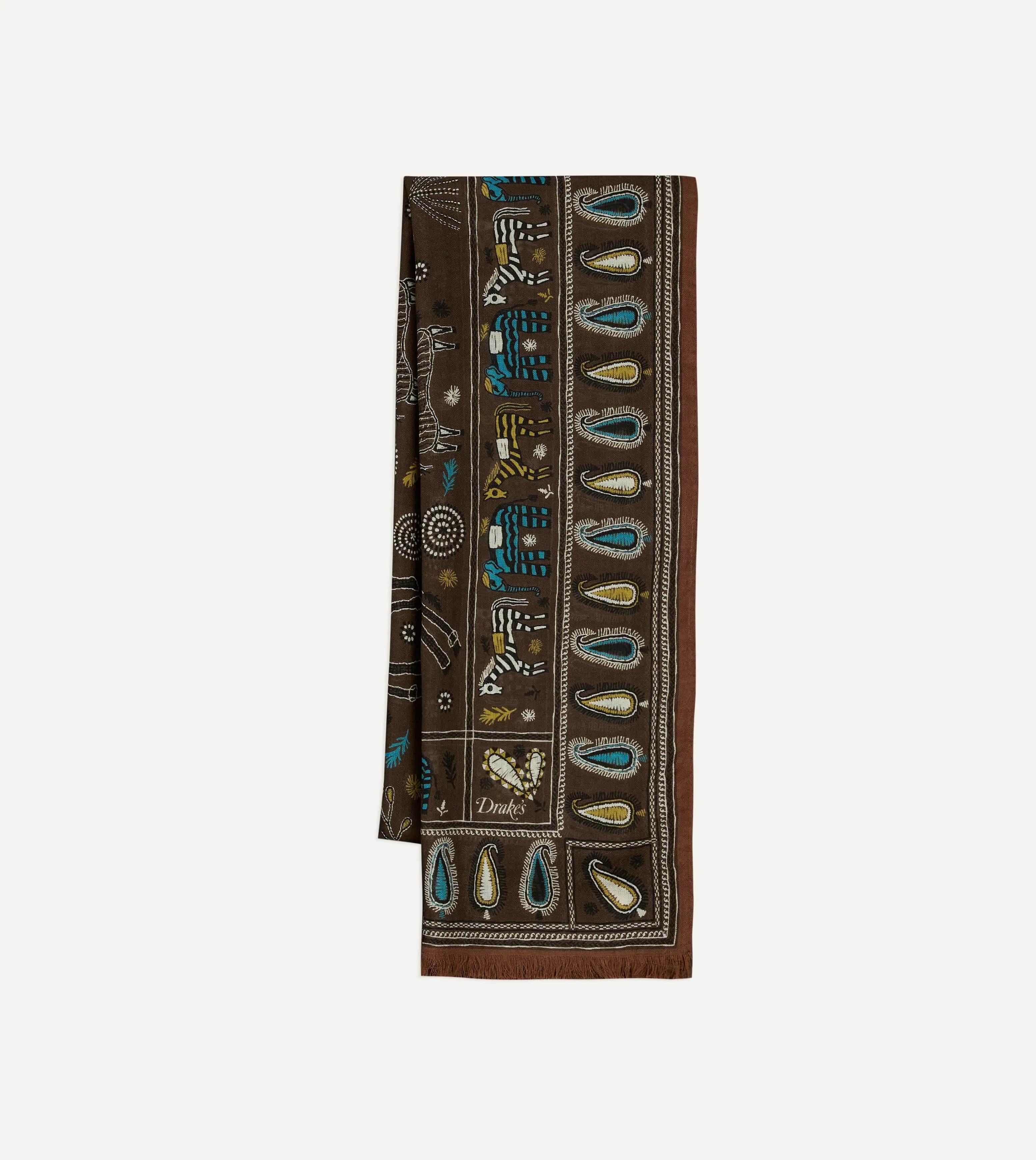 Brown Rustic Elephant Print Wool-Silk Scarf sold by Drake's London
