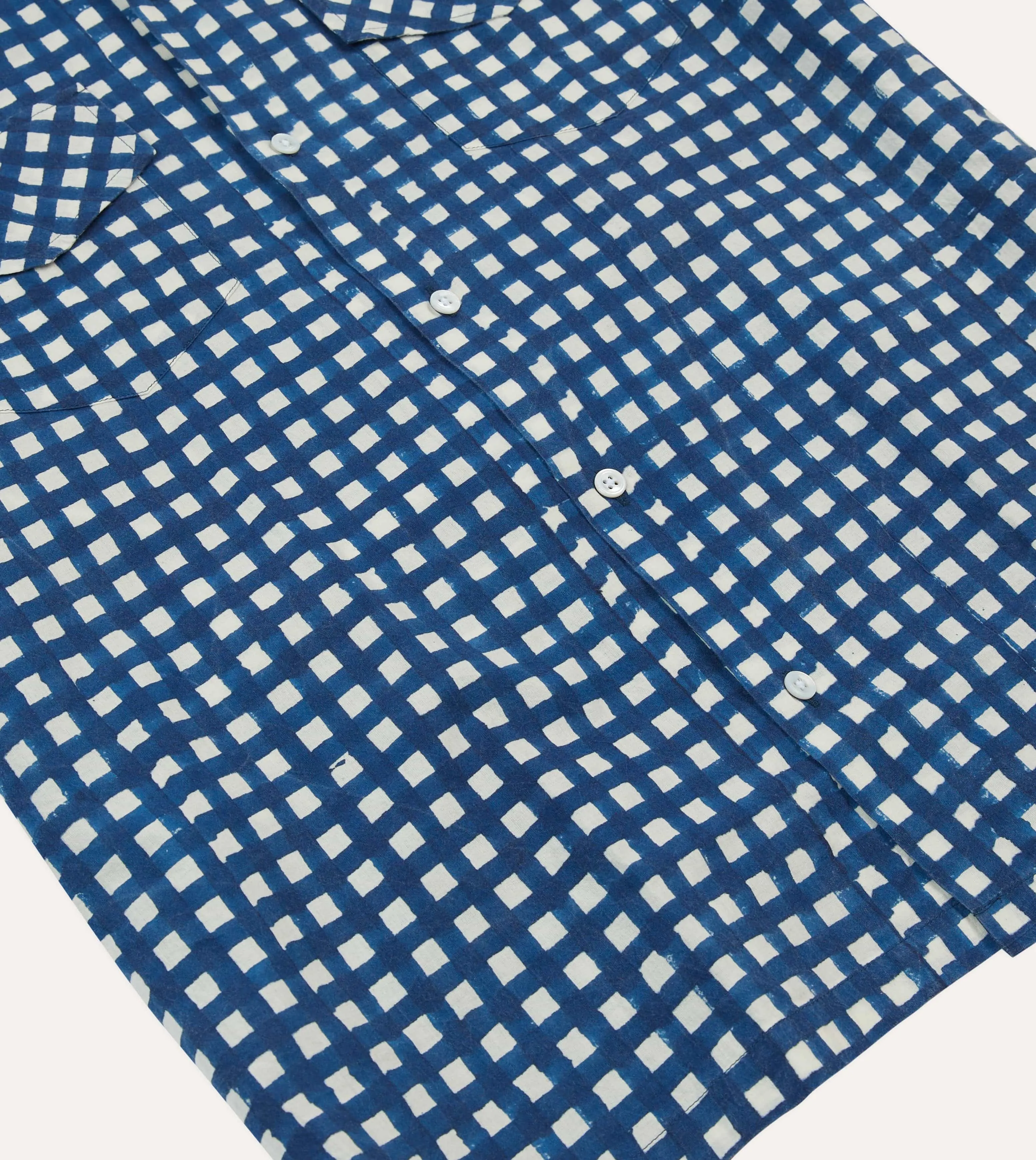 Navy Gingham Check Block Print Cotton Camp Collar Short Sleeve Shirt sold by Drake's London product image thumbnail 5