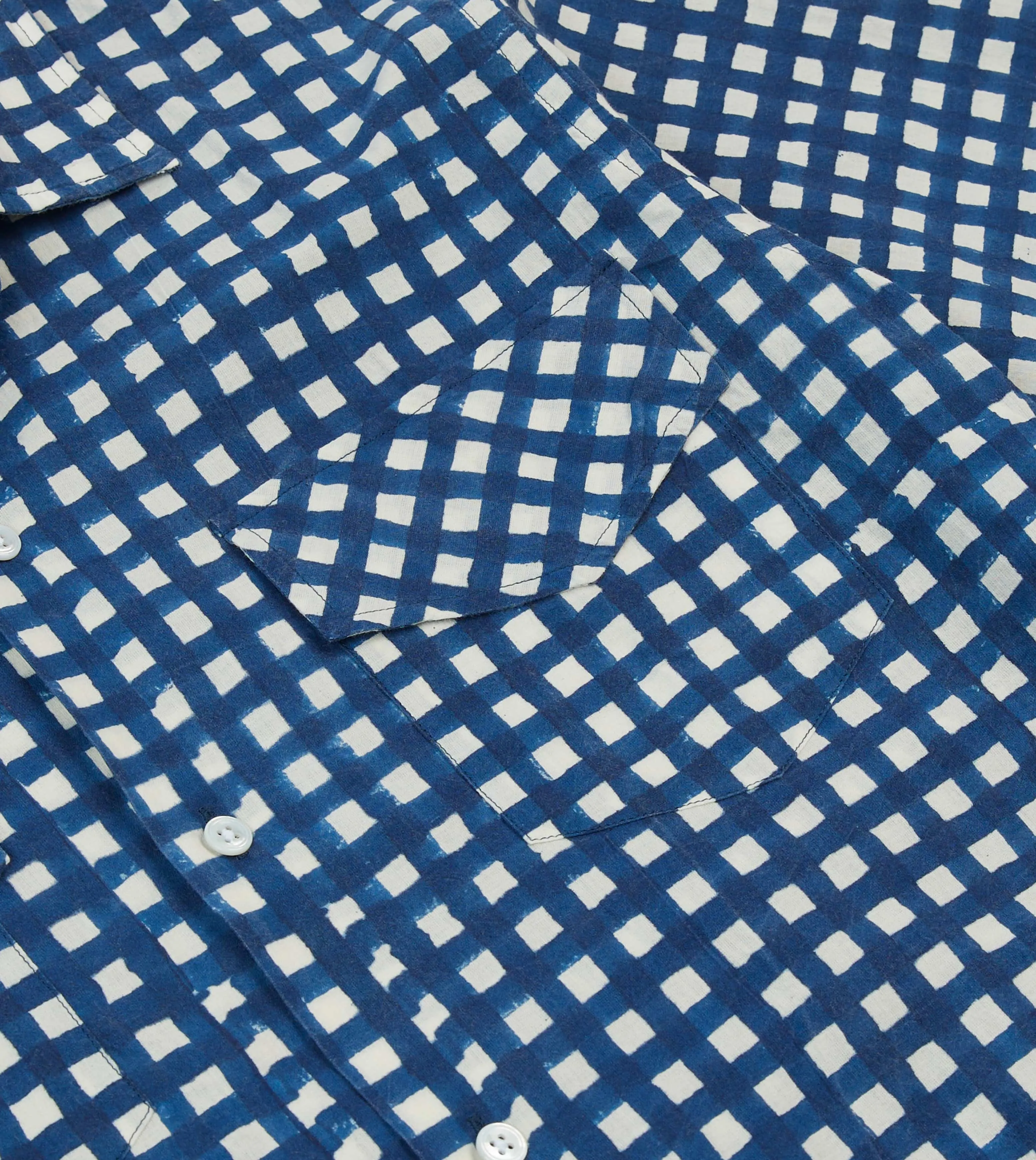 Navy Gingham Check Block Print Cotton Camp Collar Short Sleeve Shirt sold by Drake's London product image thumbnail 4