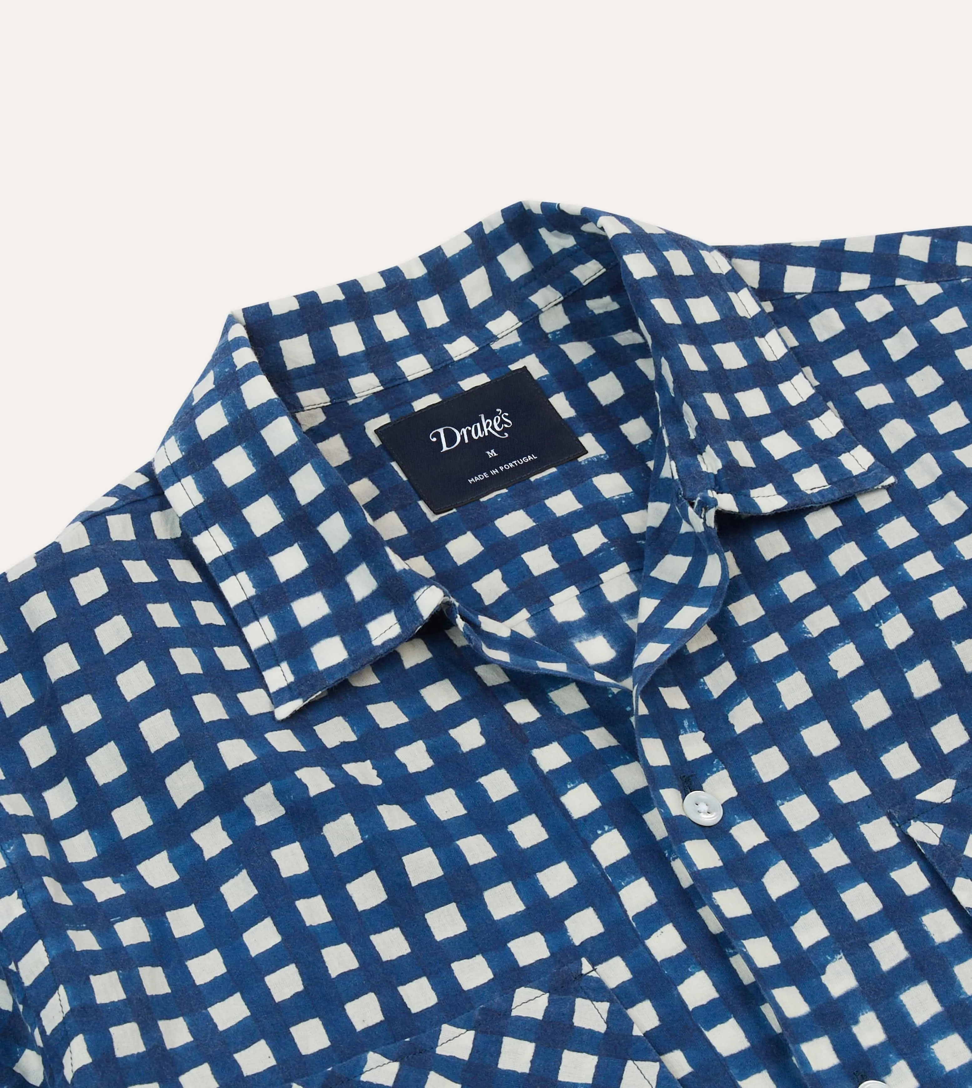 Navy Gingham Check Block Print Cotton Camp Collar Short Sleeve Shirt sold by Drake's London product image thumbnail 3