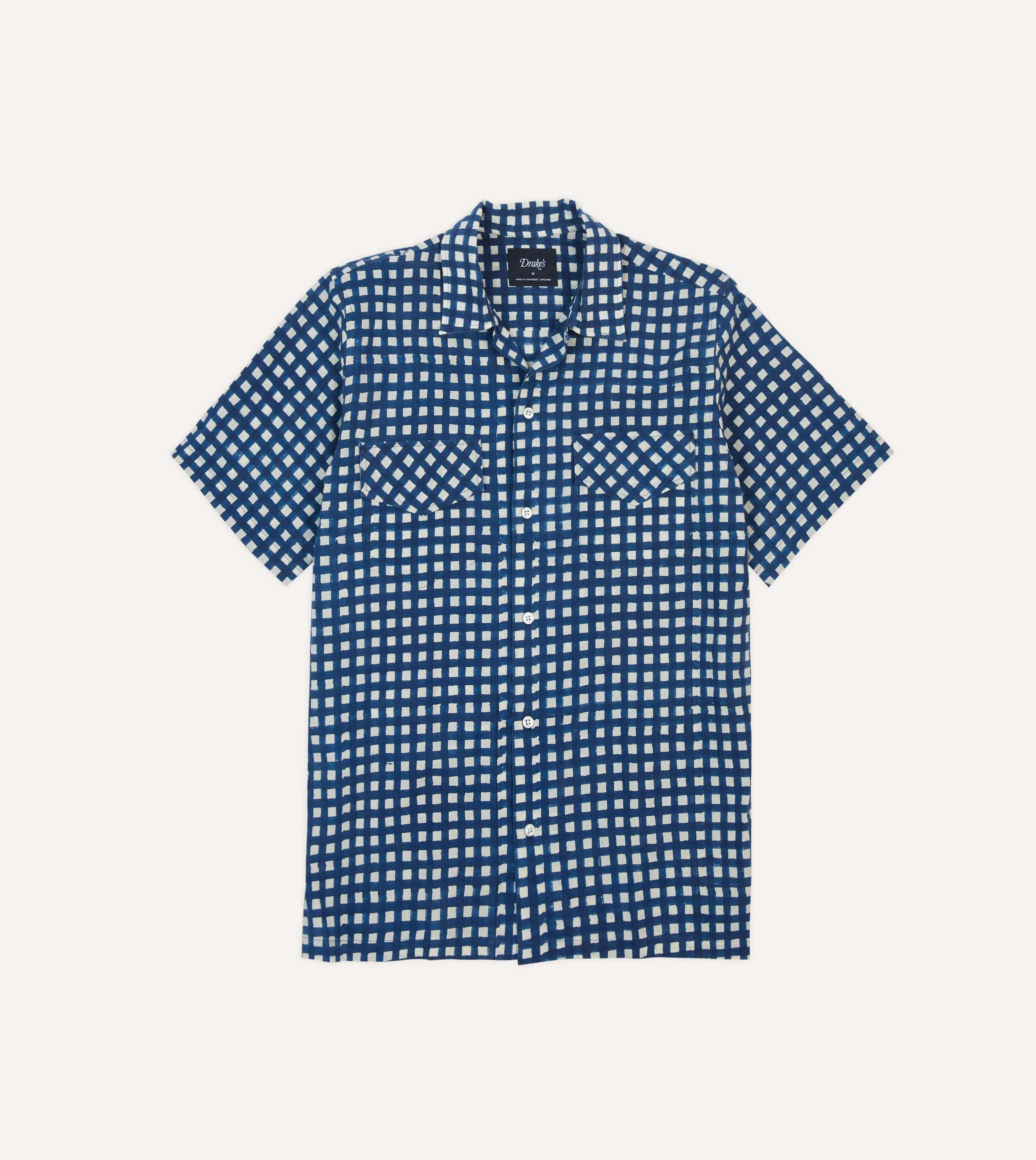 Navy Gingham Check Block Print Cotton Camp Collar Short Sleeve Shirt sold by Drake's London