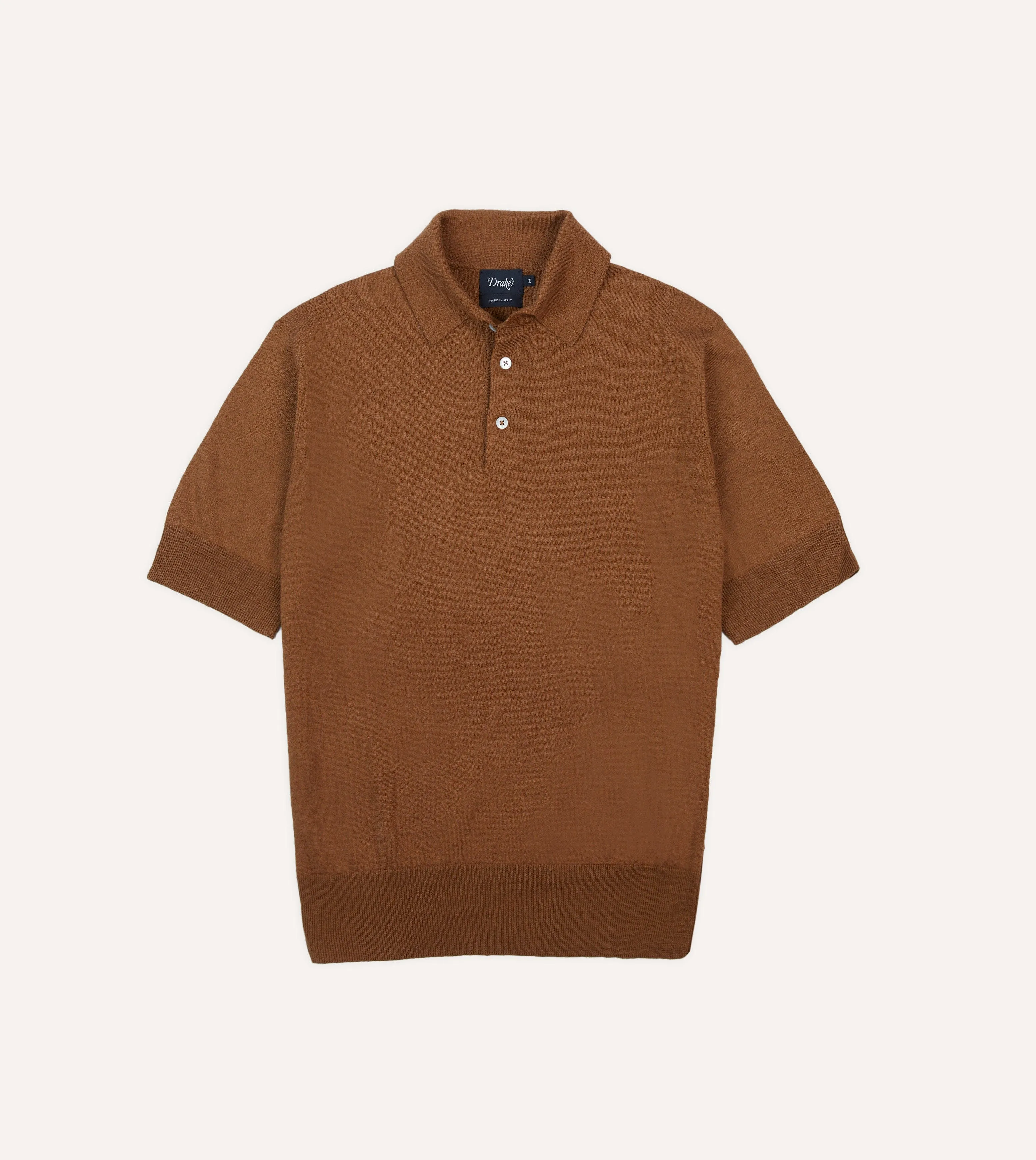 Tobacco Knitted Linen-Cotton Short-Sleeve Polo Shirt sold by Drake's London