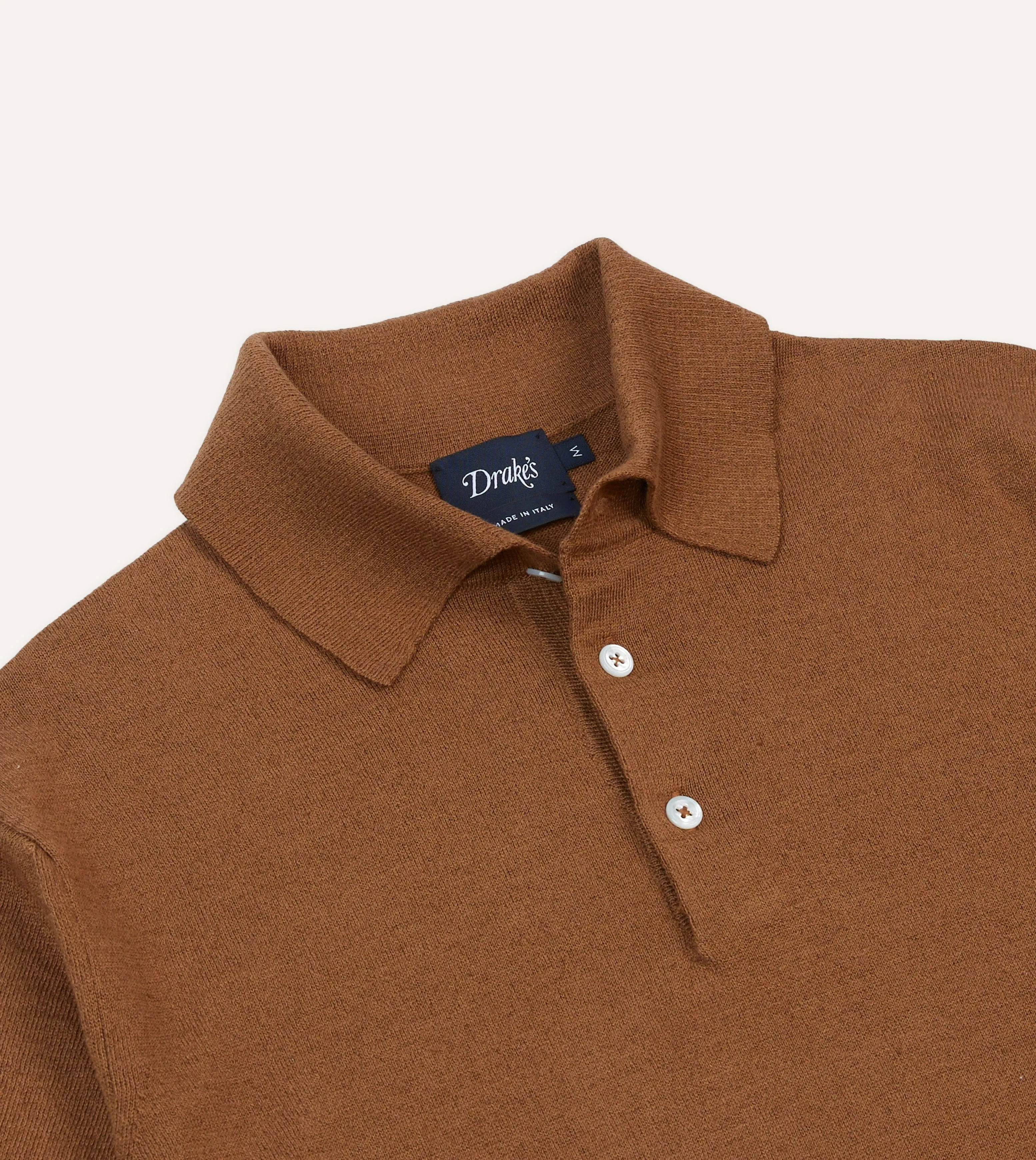 Tobacco Knitted Linen-Cotton Short-Sleeve Polo Shirt sold by Drake's London product image thumbnail 3