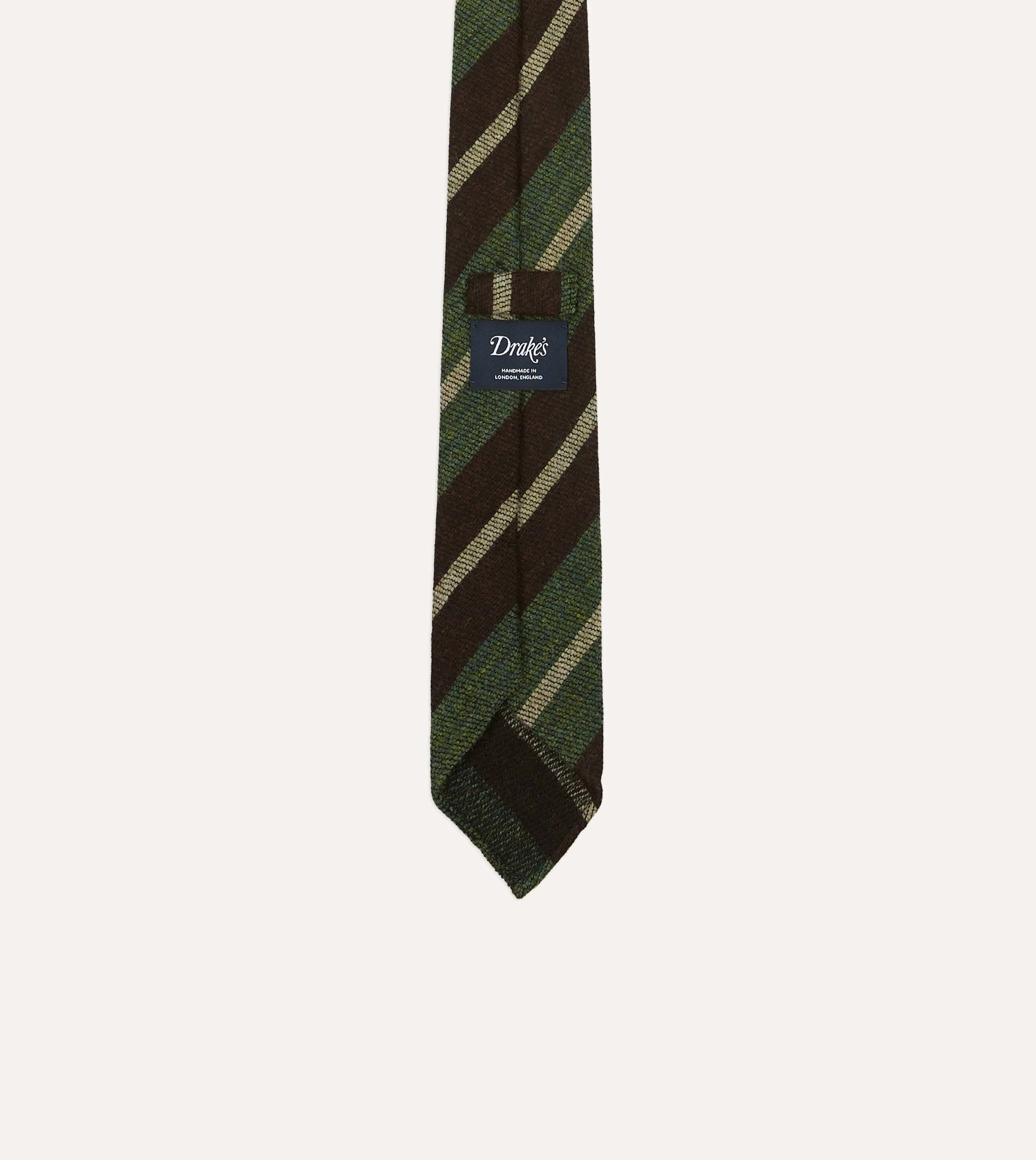 Brown and Green Block Stripe Herringbone Hand Rolled Shetland Wool Tie sold by Drake's London product image thumbnail 3