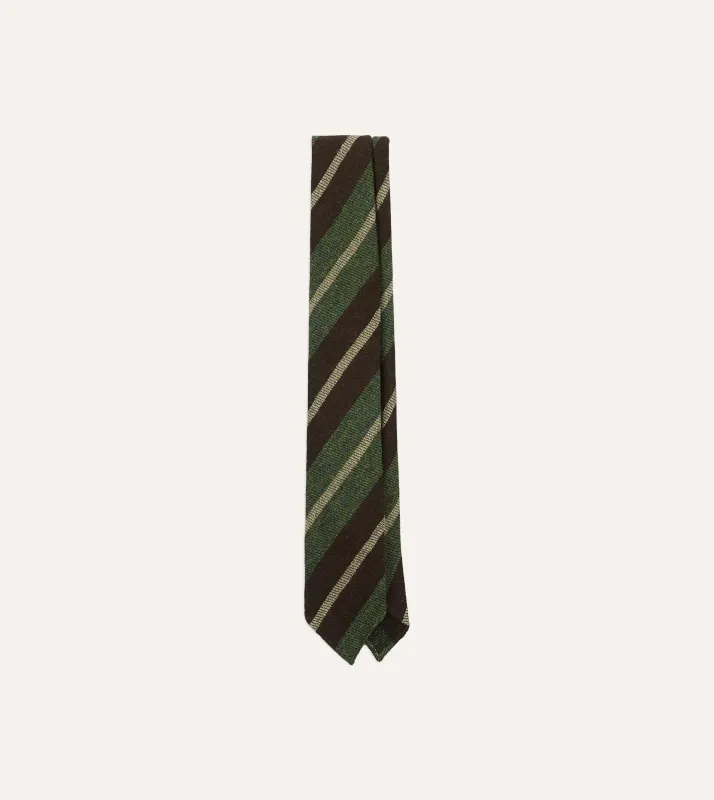 Brown and Green Block Stripe Herringbone Hand Rolled Shetland Wool Tie sold by Drake's London