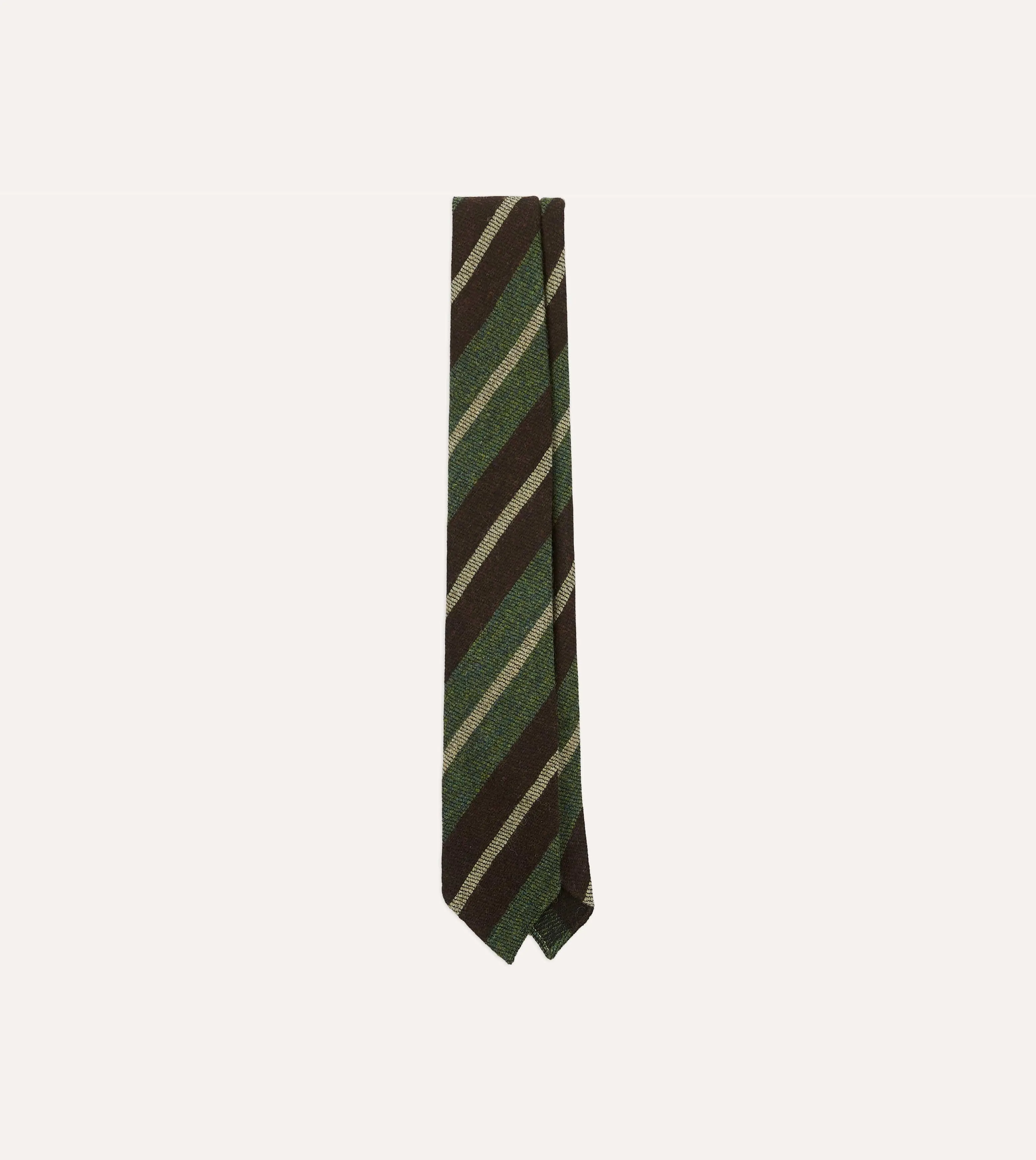 Brown and Green Block Stripe Herringbone Hand Rolled Shetland Wool Tie sold by Drake's London