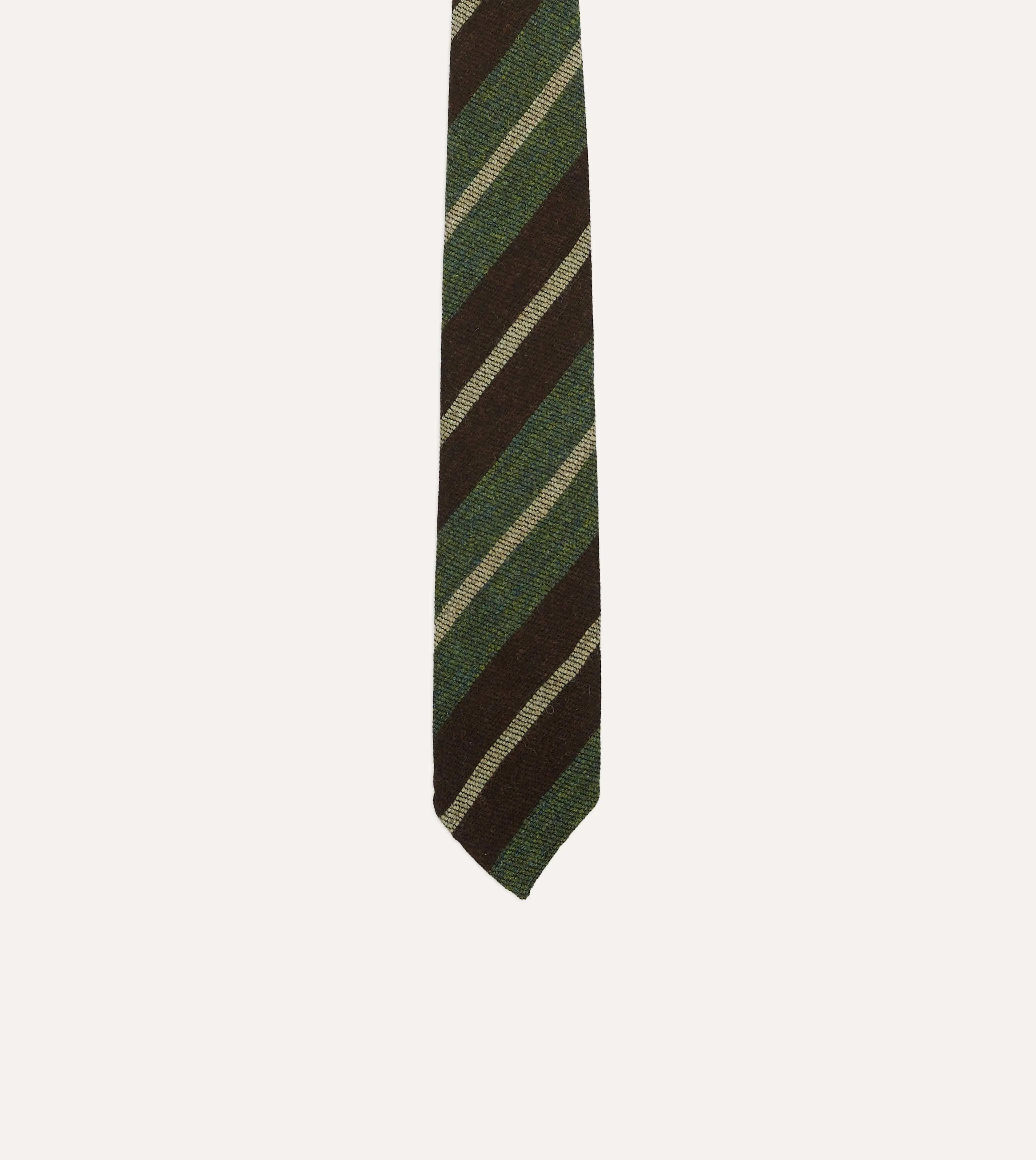 Brown and Green Block Stripe Herringbone Hand Rolled Shetland Wool Tie sold by Drake's London product image thumbnail 4
