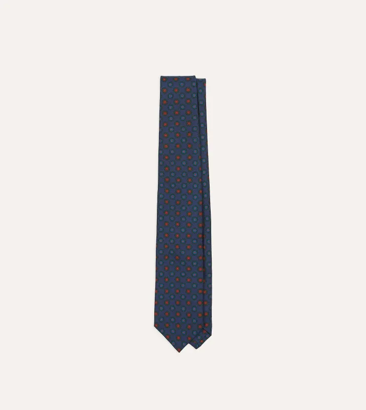 Navy Flower Medallion Print Silk Twill Self Tipped Tie sold by Drake's London