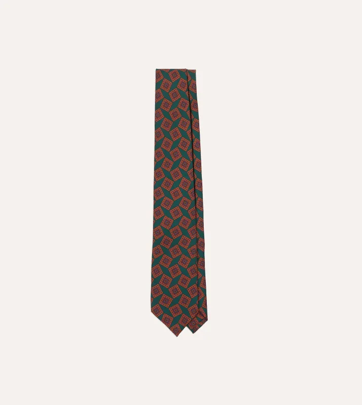 Green and Brown Jumbled Tile Print Silk Twill Self Tipped Tie sold by Drake's London