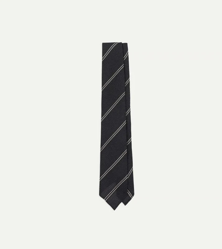 Navy and Silver Sandwich Stripe Hand Rolled Silk Grenadine Tie sold by Drake's London