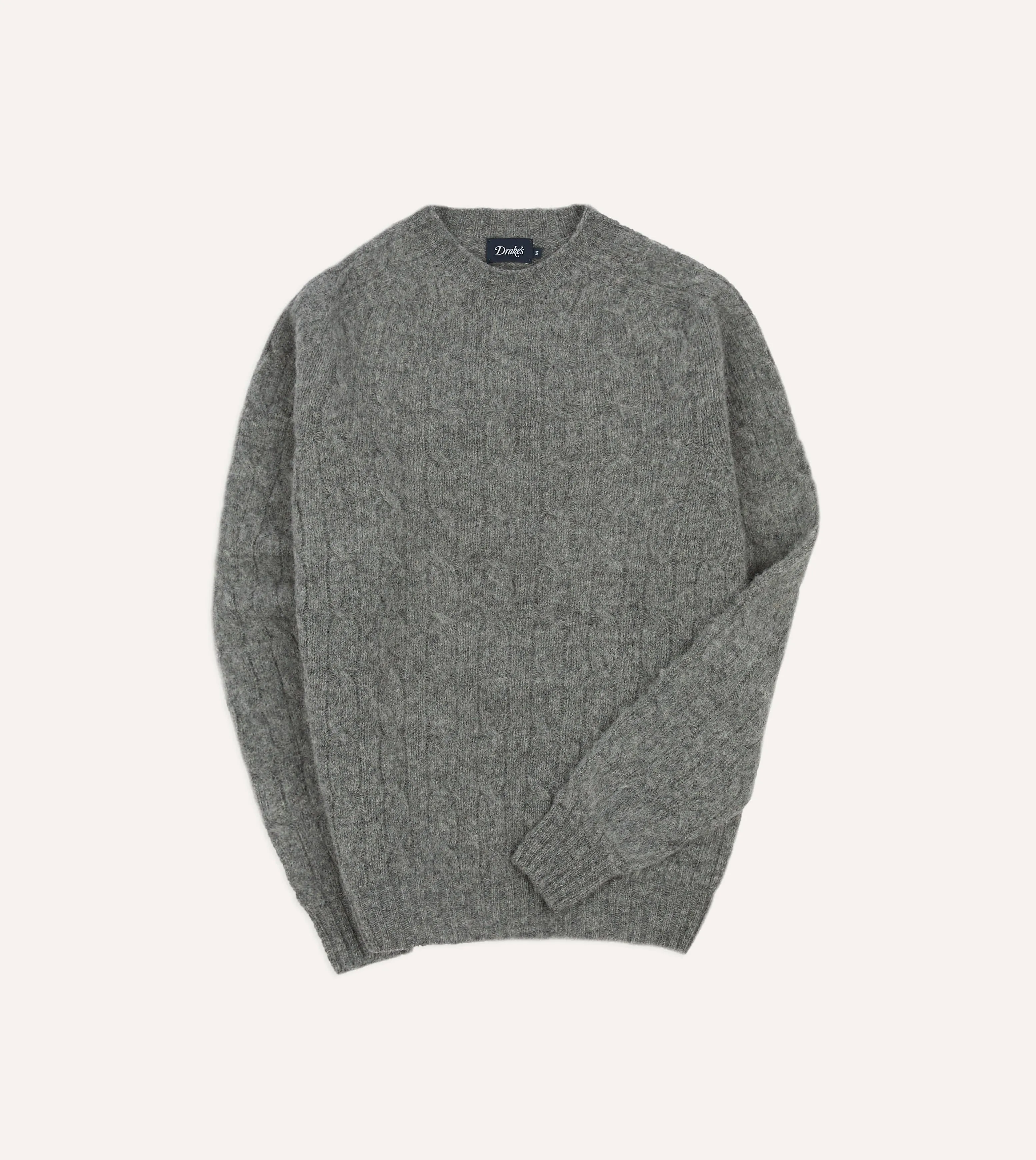 Grey Brushed Shetland Cable Knit Crew Neck Jumper sold by Drake's London