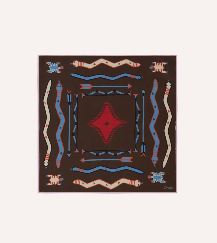 Brown and Pink Tribal Print Silk Pocket Square sold by Drake's London