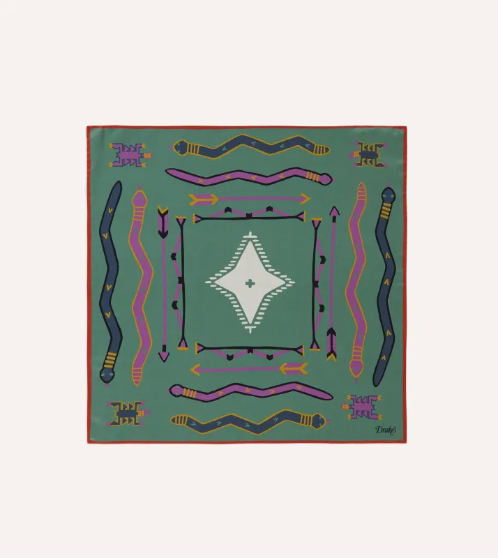 Olive and Rust Tribal Print Silk Pocket Square sold by Drake's London