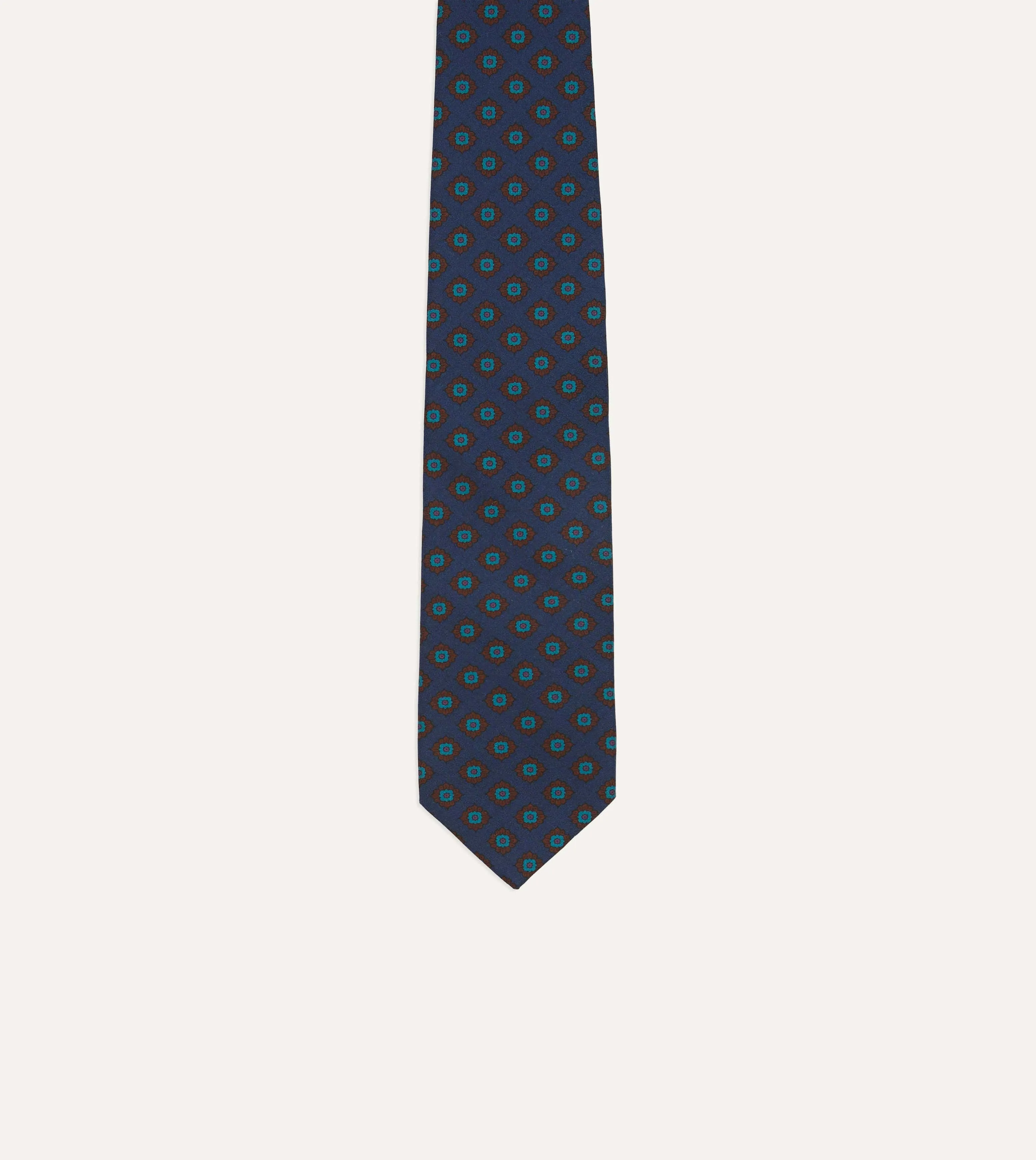 Navy Square Flower Medallion Print Silk Self Tipped Tie sold by Drake's London product image thumbnail 3