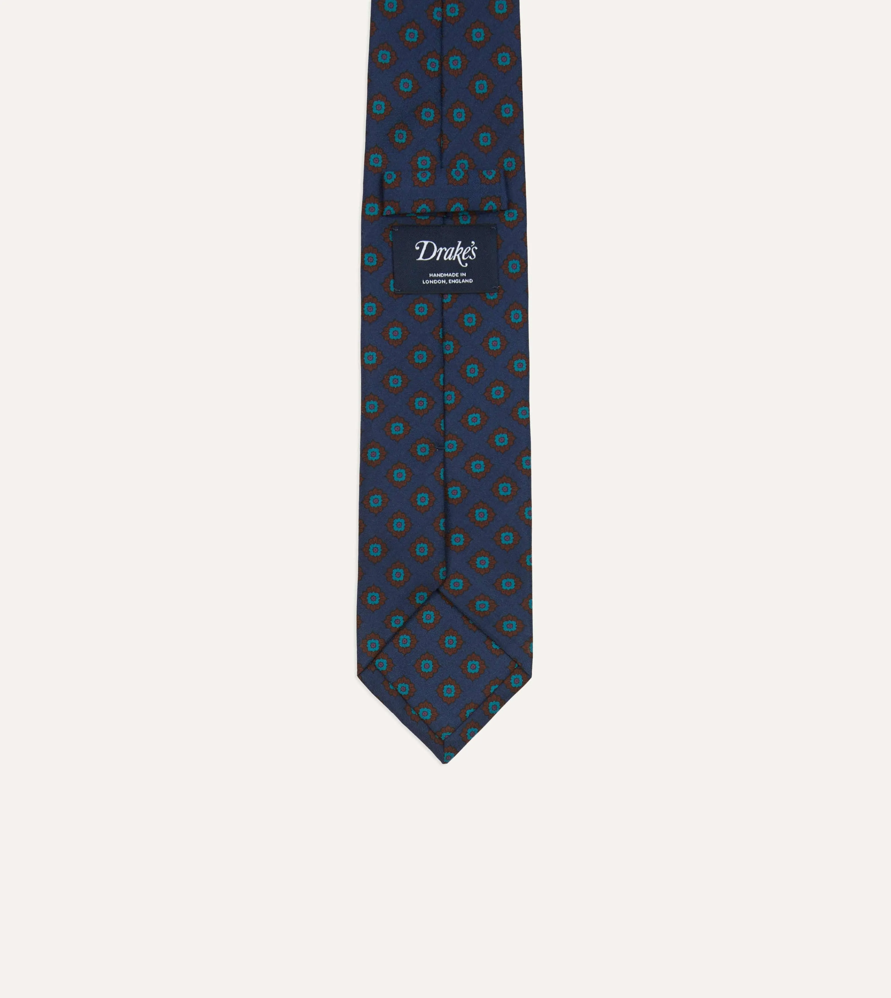Navy Square Flower Medallion Print Silk Self Tipped Tie sold by Drake's London product image thumbnail 4
