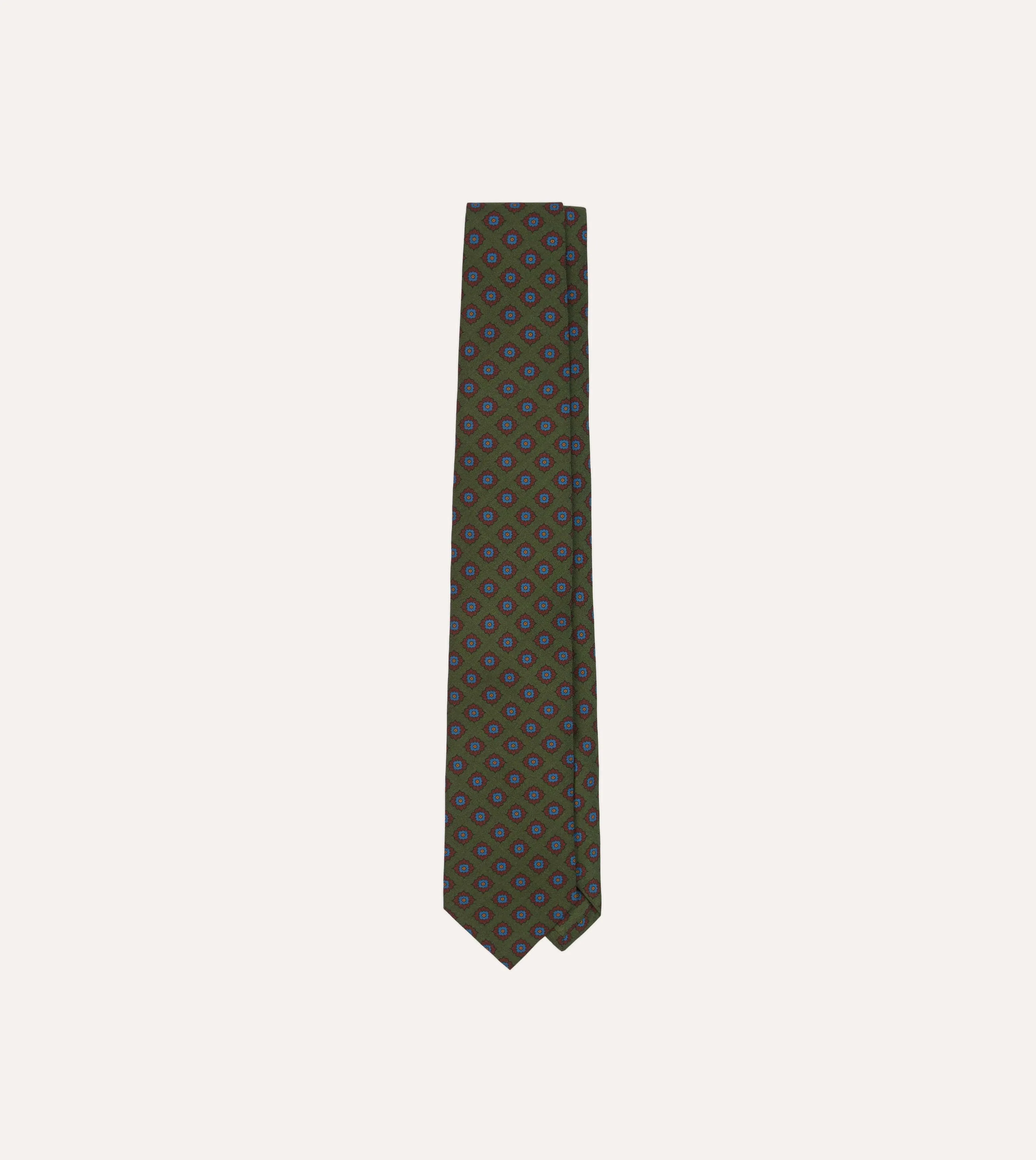 Green Square Flower Medallion Print Silk Self Tipped Tie sold by Drake's London