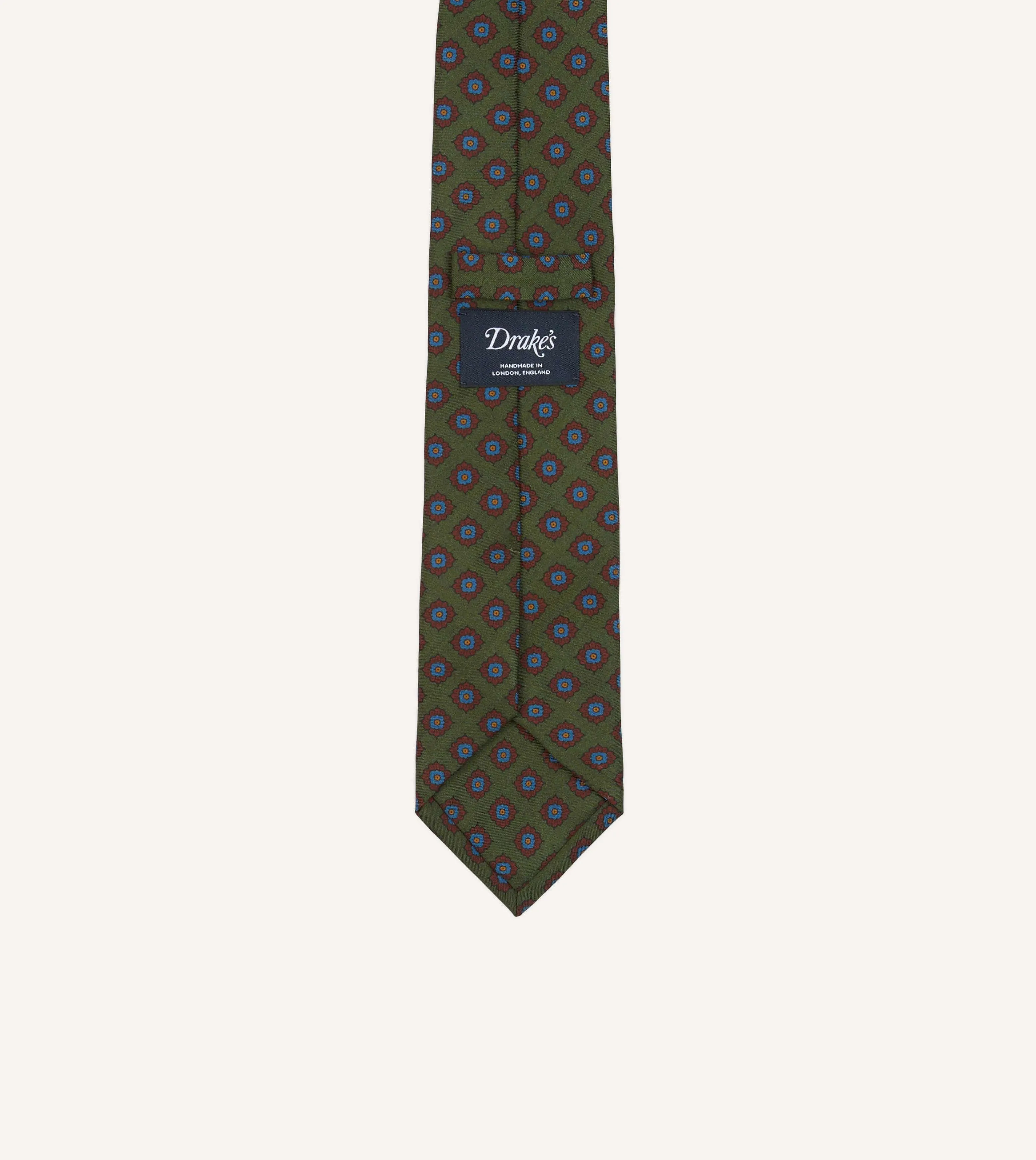 Green Square Flower Medallion Print Silk Self Tipped Tie sold by Drake's London product image thumbnail 3