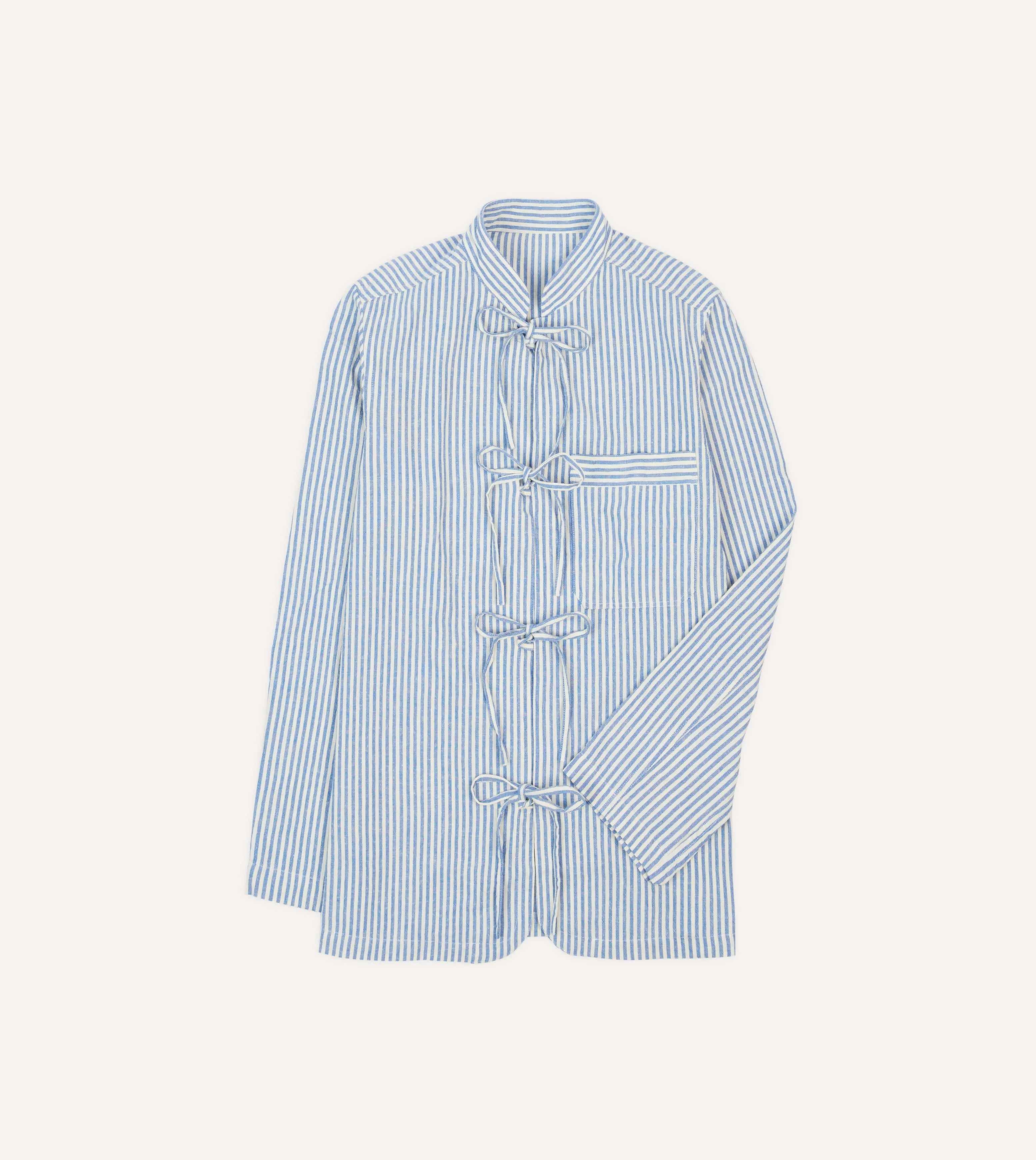 Blue and Ecru Stripe Tie Front Lightweight Overshirt sold by Drake's London