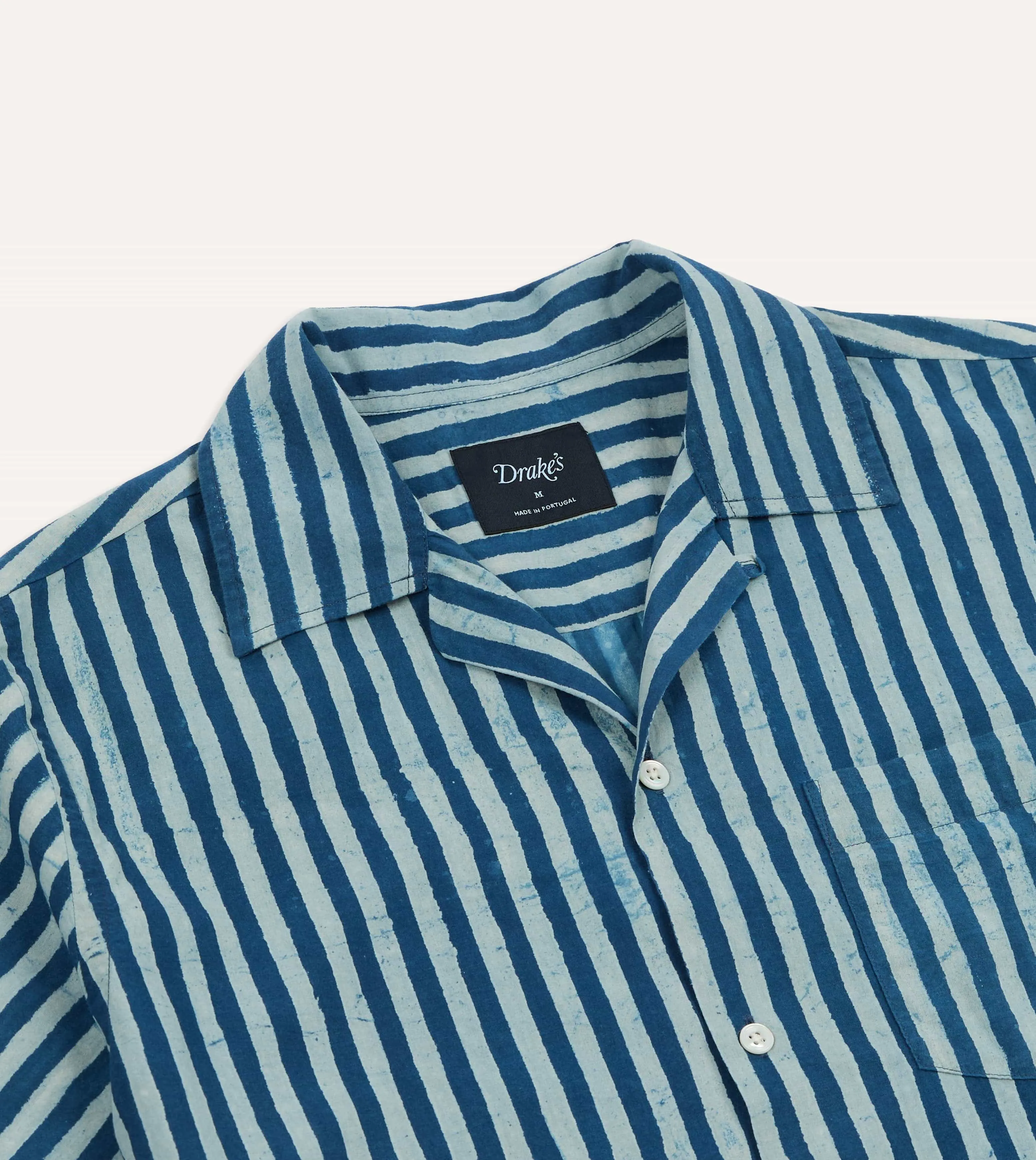 Indigo Stripe Block Print Cotton Camp Collar Short Sleeve Shirt sold by Drake's London product image thumbnail 3