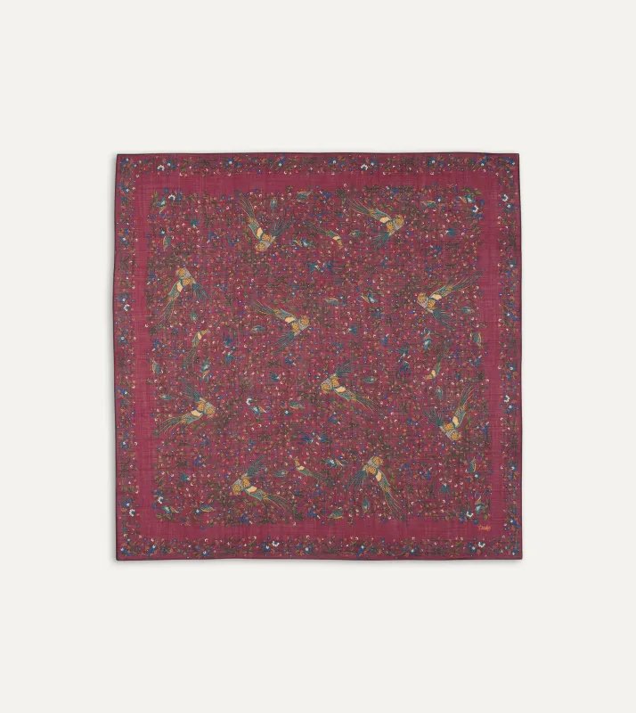 Magenta Birds of Paradise Print Wool-Silk Square Scarf sold by Drake's London