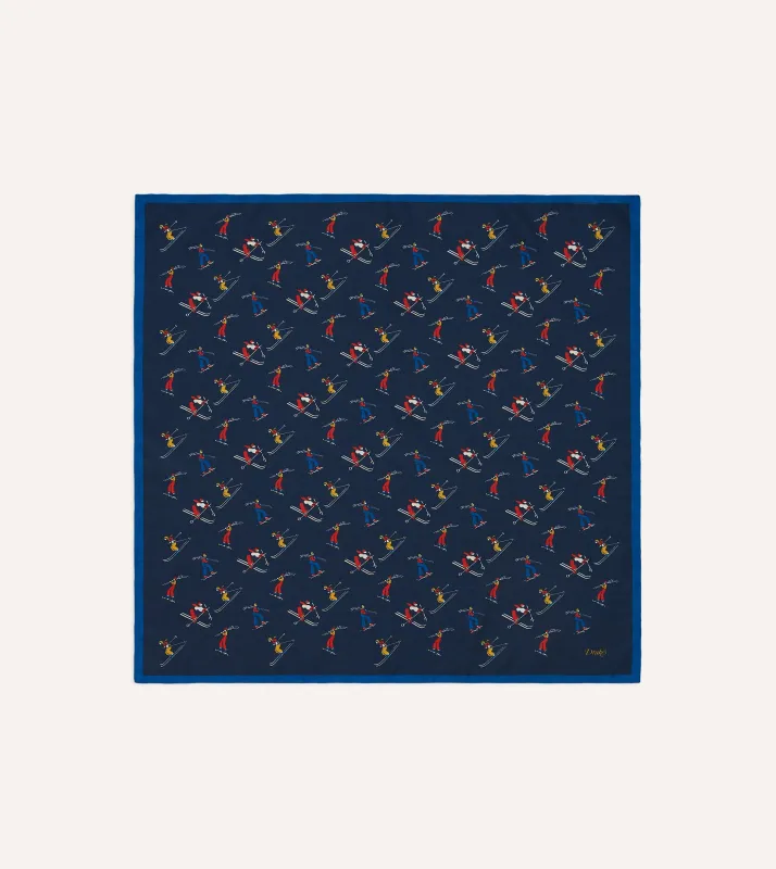 Navy Skier Print Wool-Silk Bandana sold by Drake's London