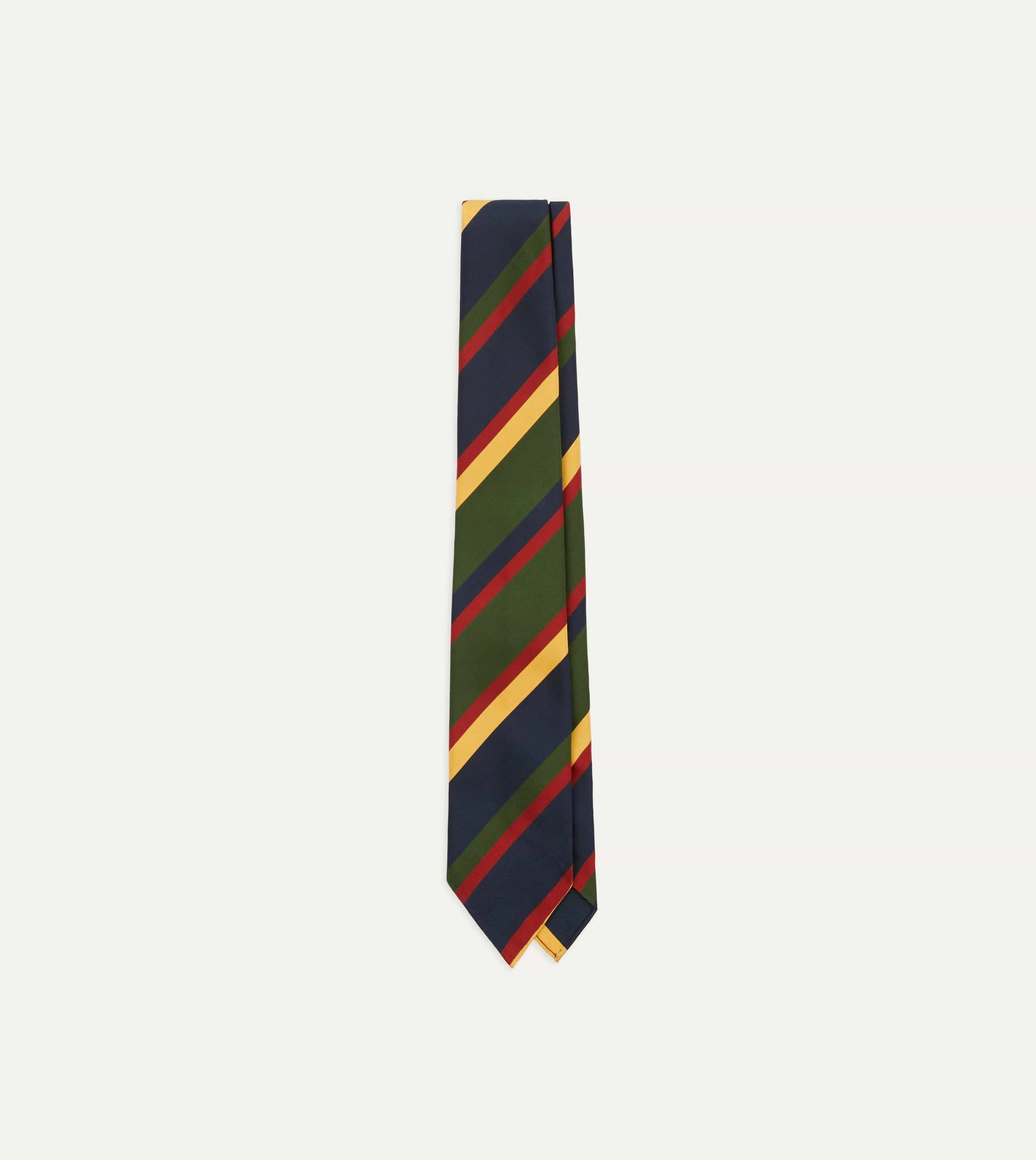 Navy, Red, Green and Yellow Stripe Silk Hand Rolled Tie sold by Drake's London