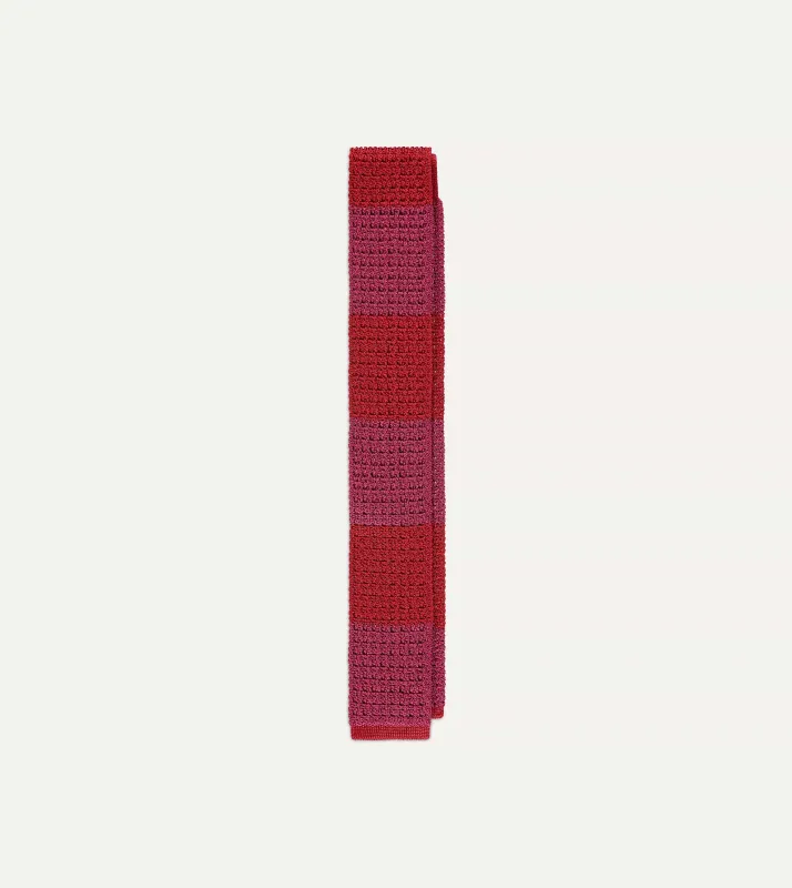 Pink and Red Block Stripe Knitted Silk Tie made by Drake's London