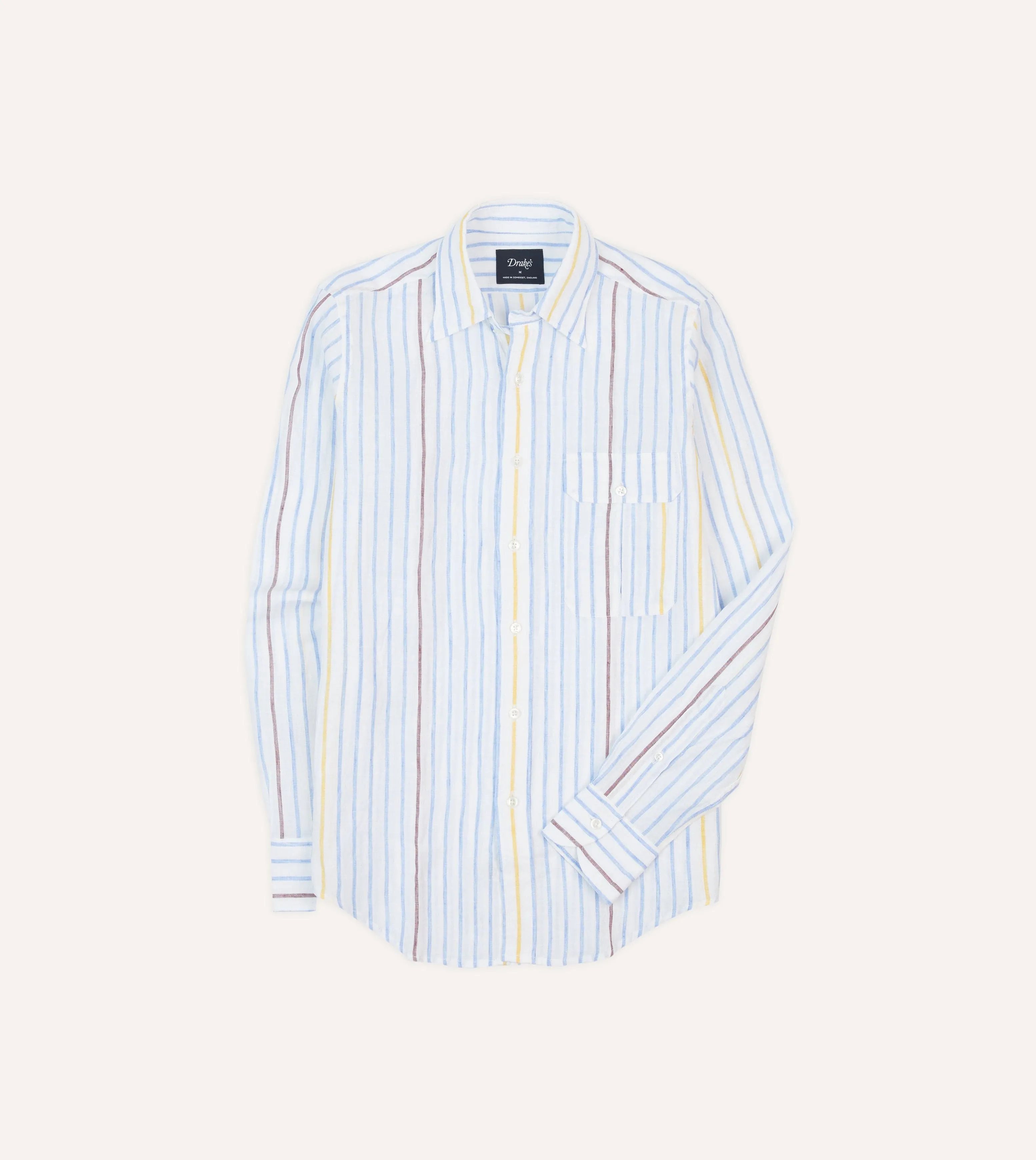 Blue, White and Yellow Stripe Linen Long Point Collar Shirt sold by Drake's London