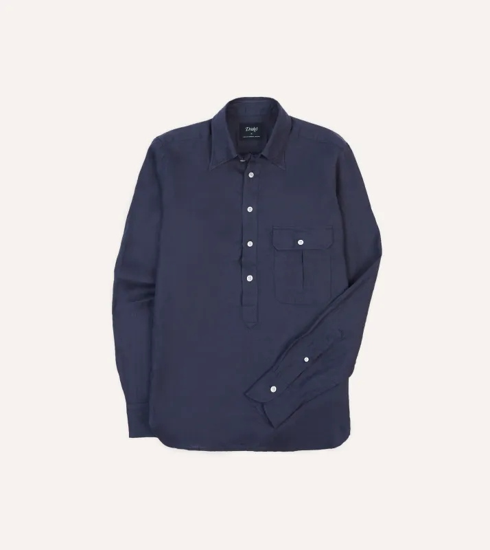 Navy Linen Long Point Collar Popover Shirt made by Drake's London
