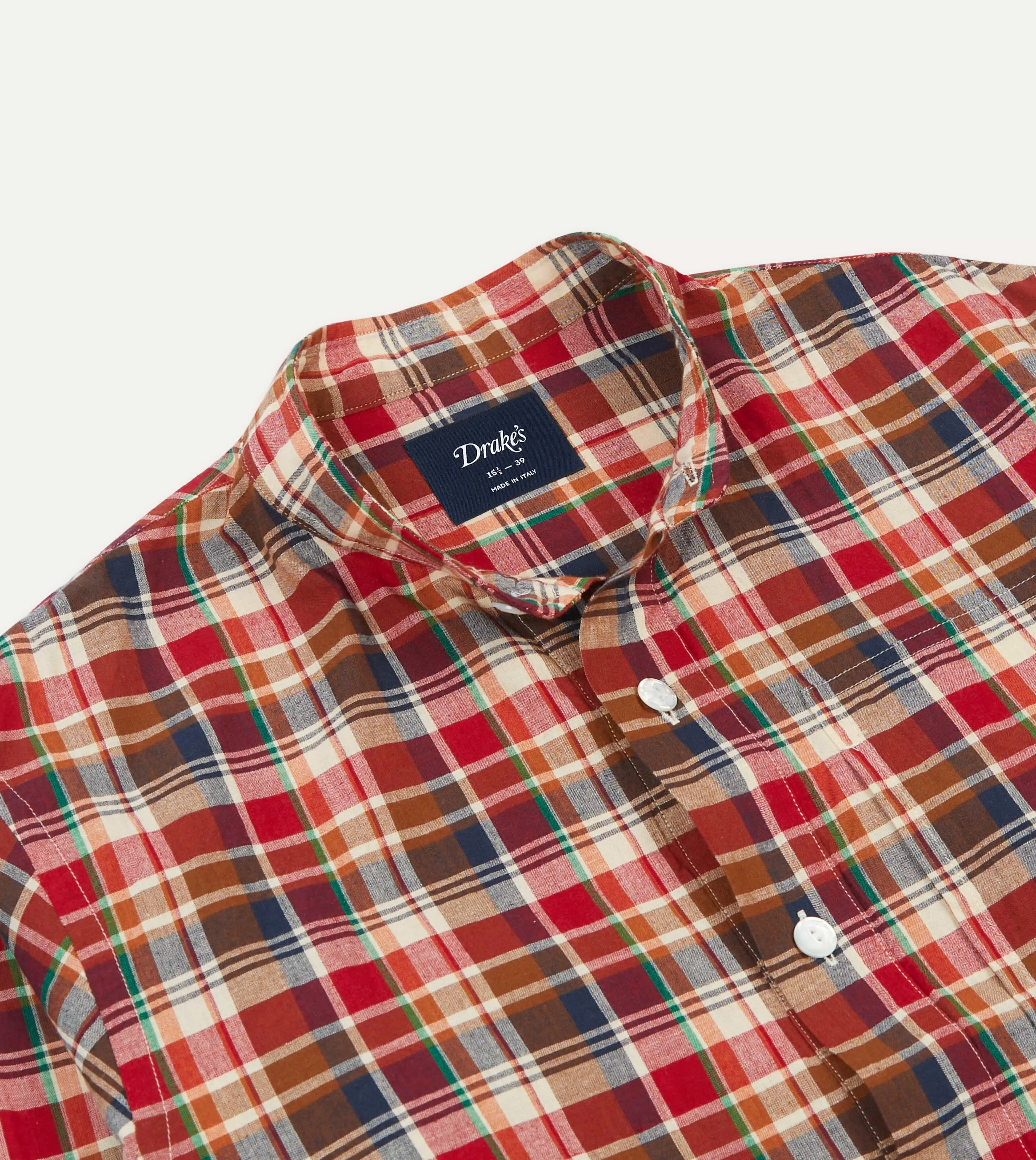 Brown, Navy and Red Madras Check Linen Mandarin Collar Popover Shirt sold by Drake's London product image thumbnail 3